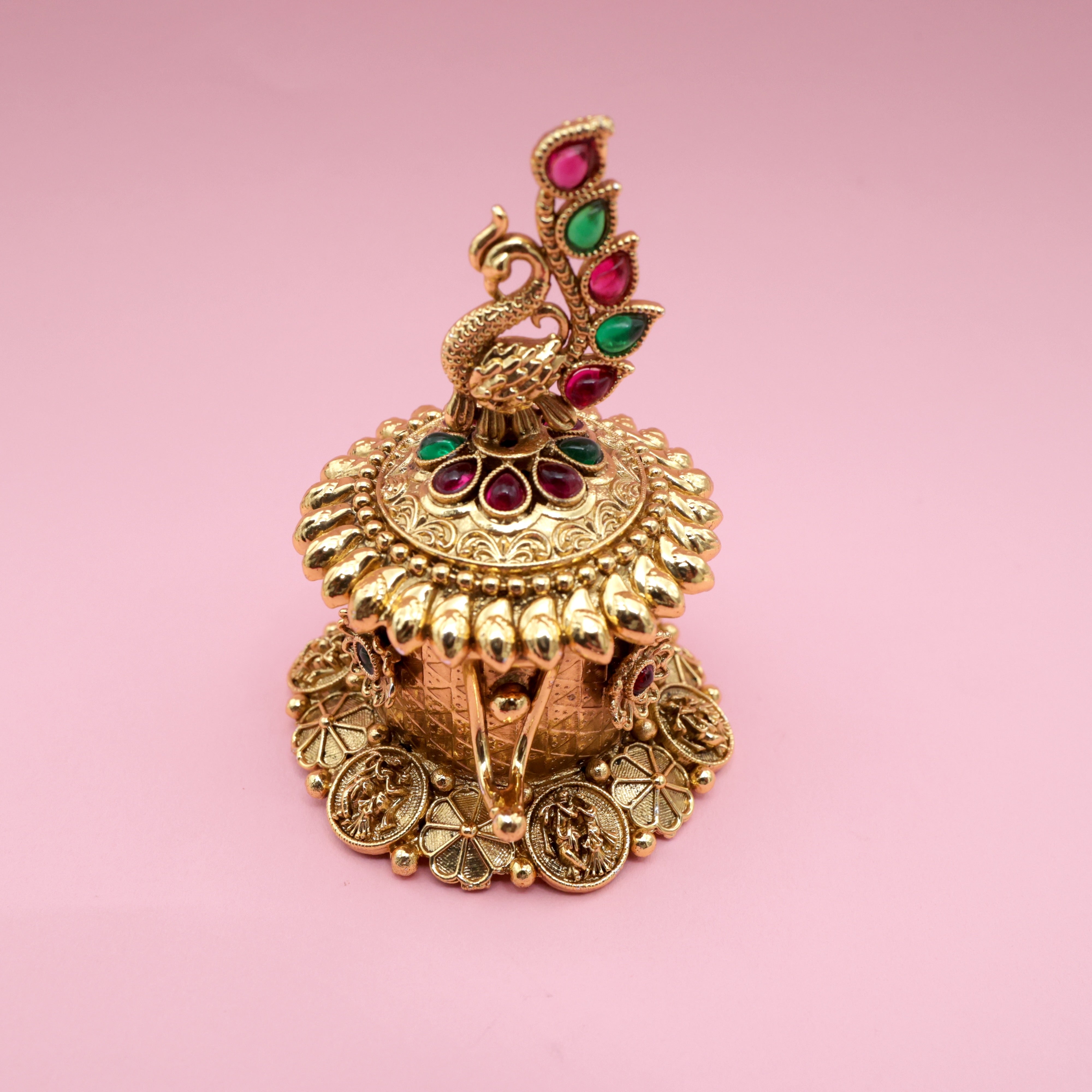 Antique Gold Kemp Traditional Dancing Peacock Haldi/Kumkum Box - Sindoor Dabbi