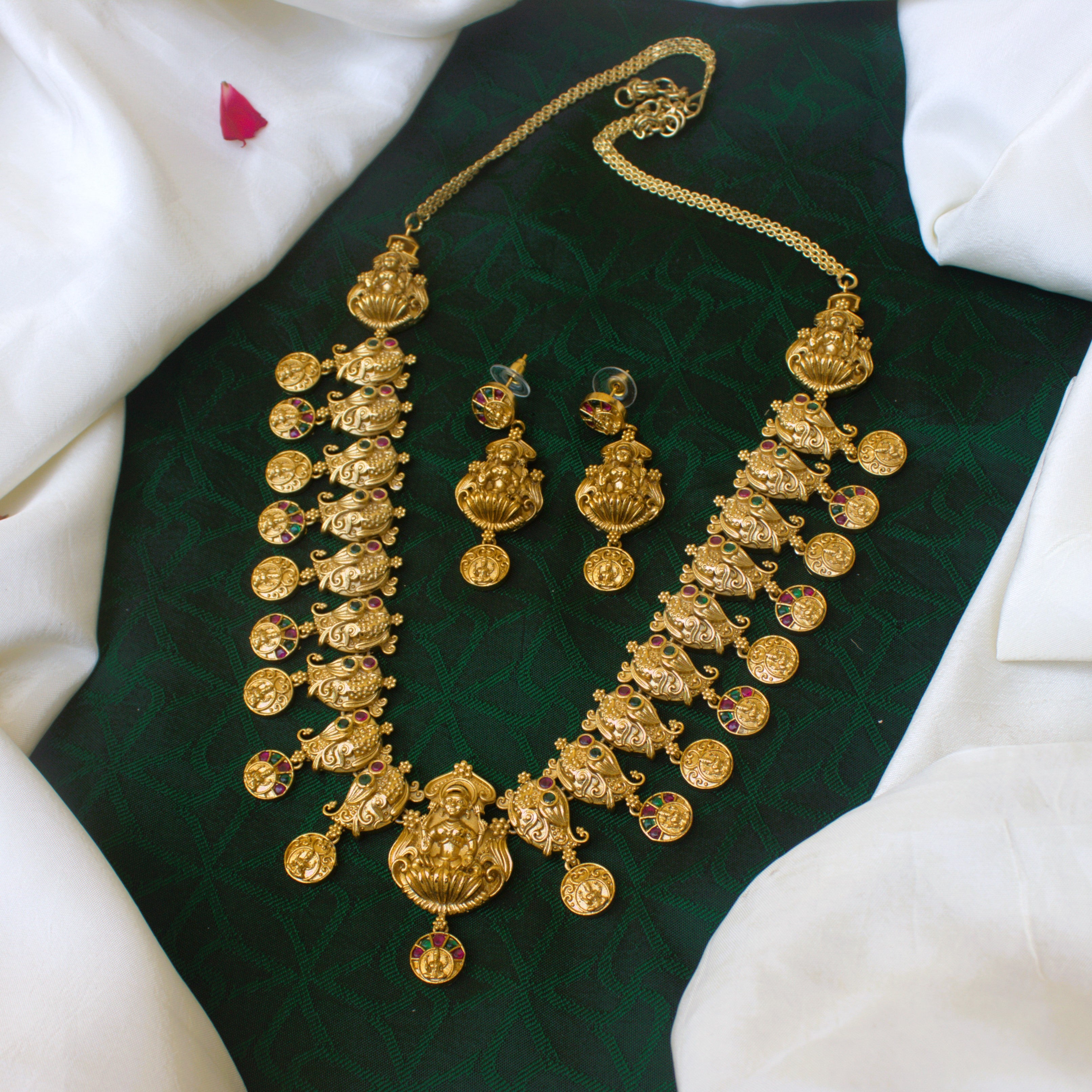 Real Gold Look Antique Matte Paisley Coin Lakshmi Bridal Necklace Set - Premium Nagas Work Bridal Jewellery Collection