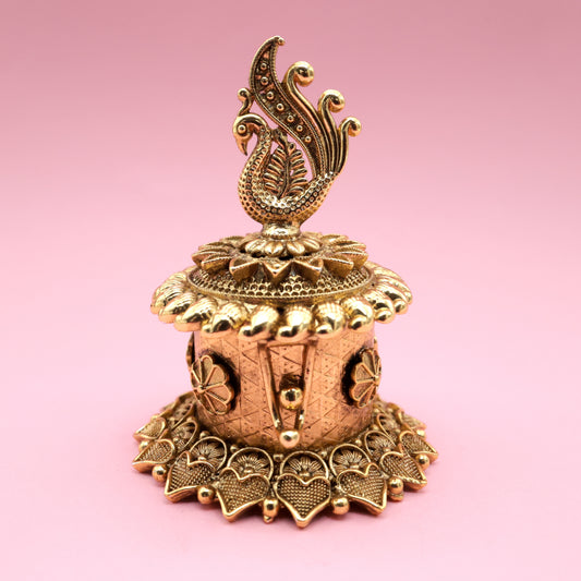 Antique Gold Kemp Traditional Mayur Haldi/Kumkum Box - Sindoor Dabbi