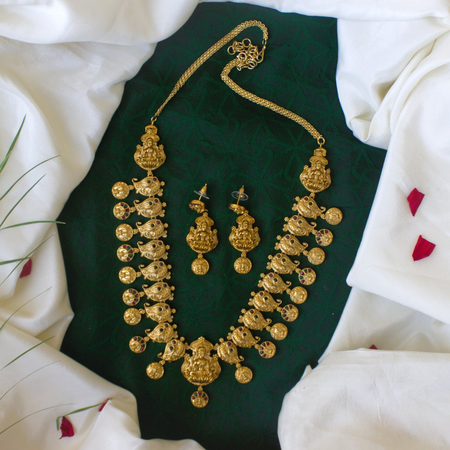 Real Gold Look Antique Matte Paisley Coin Lakshmi Bridal Necklace Set - Premium Nagas Work Bridal Jewellery Collection