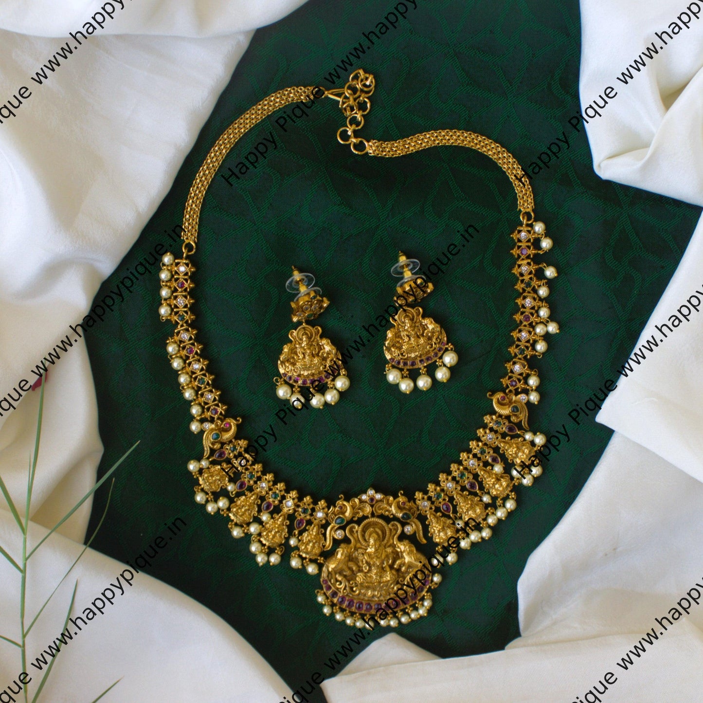 Real Gold Look Antique Matte Nagas Work Gajalakshmi AD Kemp Bridal Necklace Set - Premium Trending South Indian Bridal Jewellery Collection