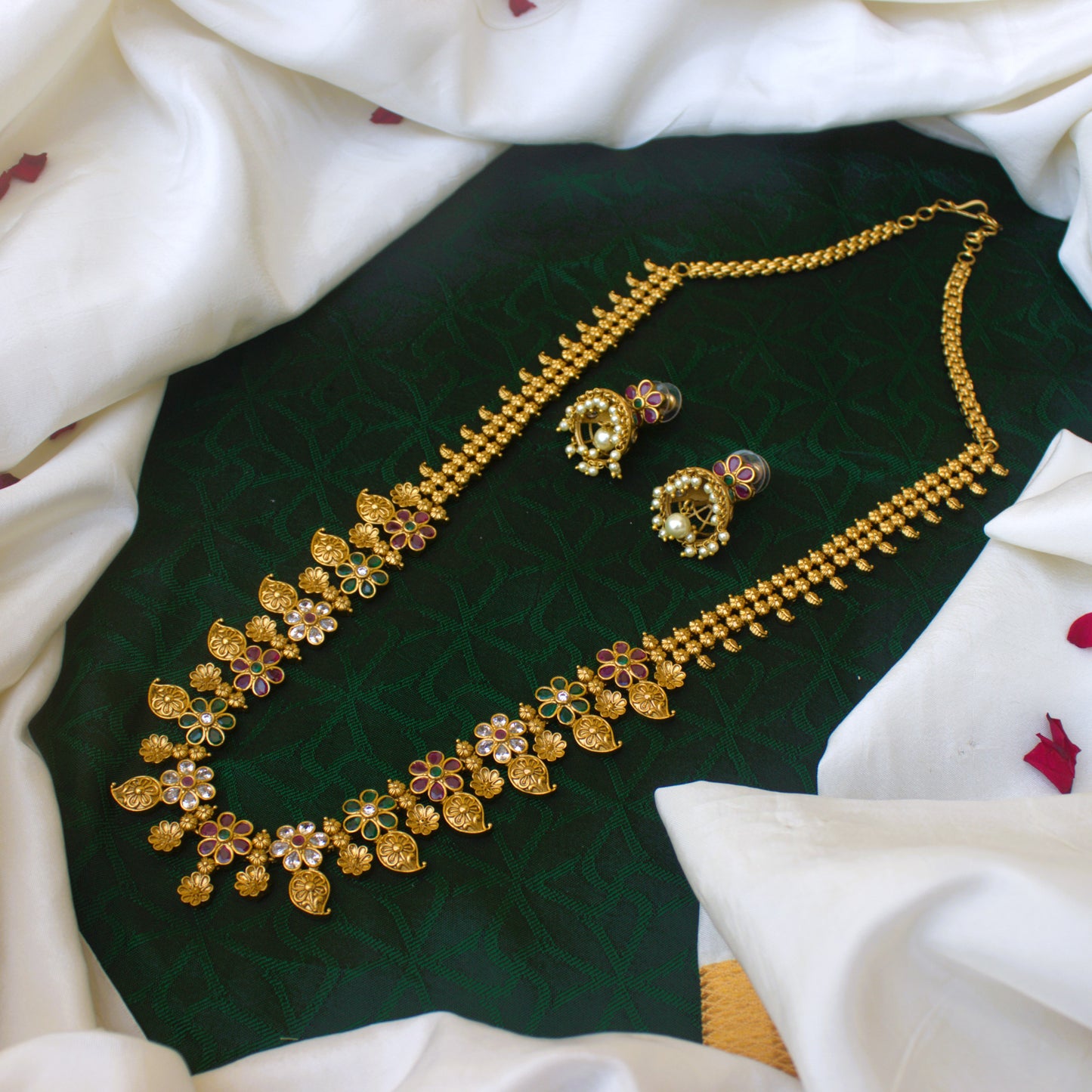 Antique Matte Paisley AD Flowers Long Bridal Necklace Set - Premium No Idol No Figure Haaram Design