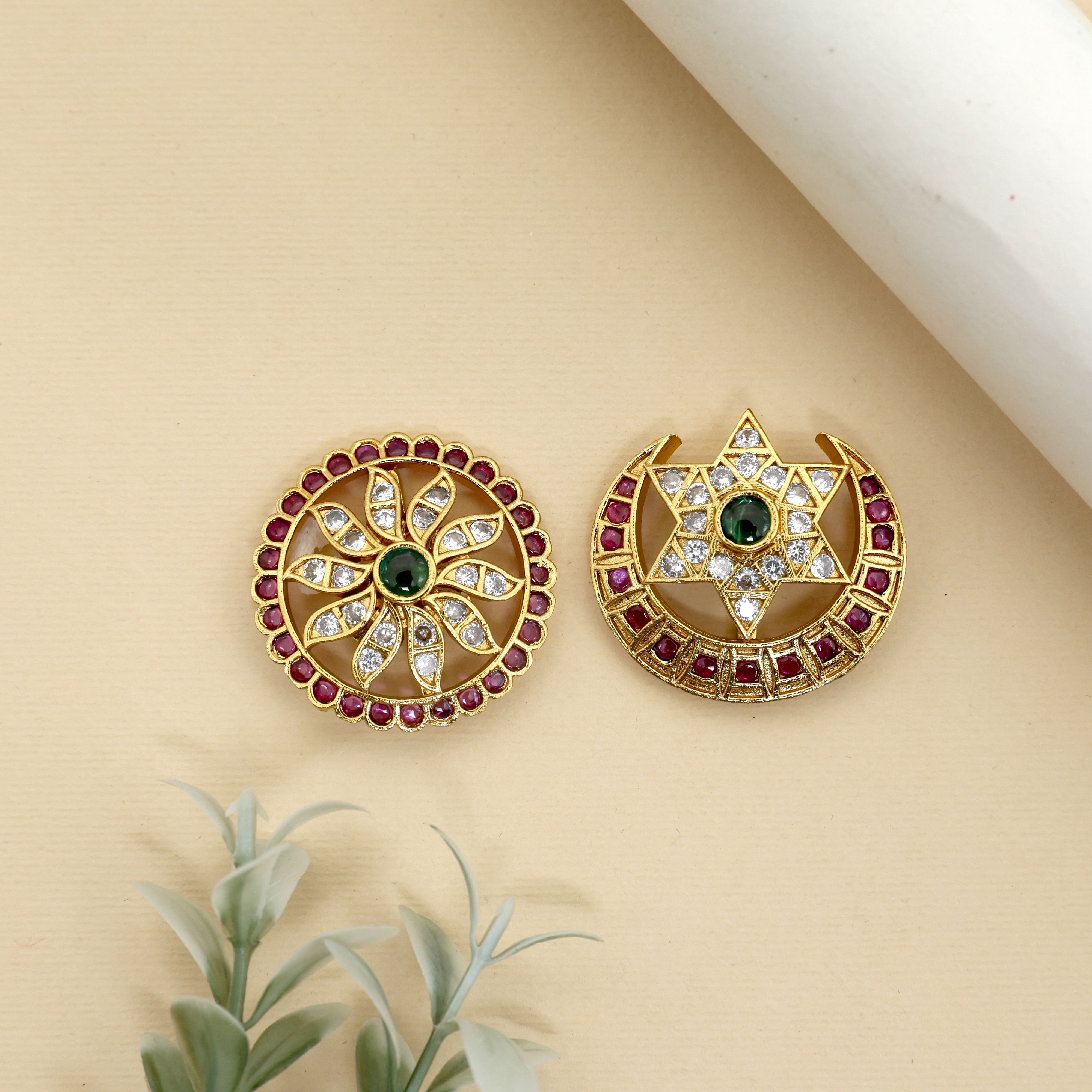 Antique AD Star Flower Diamond Look Bridal Sun Moon Jadai Billas - Suryan Chandran Jada Billas