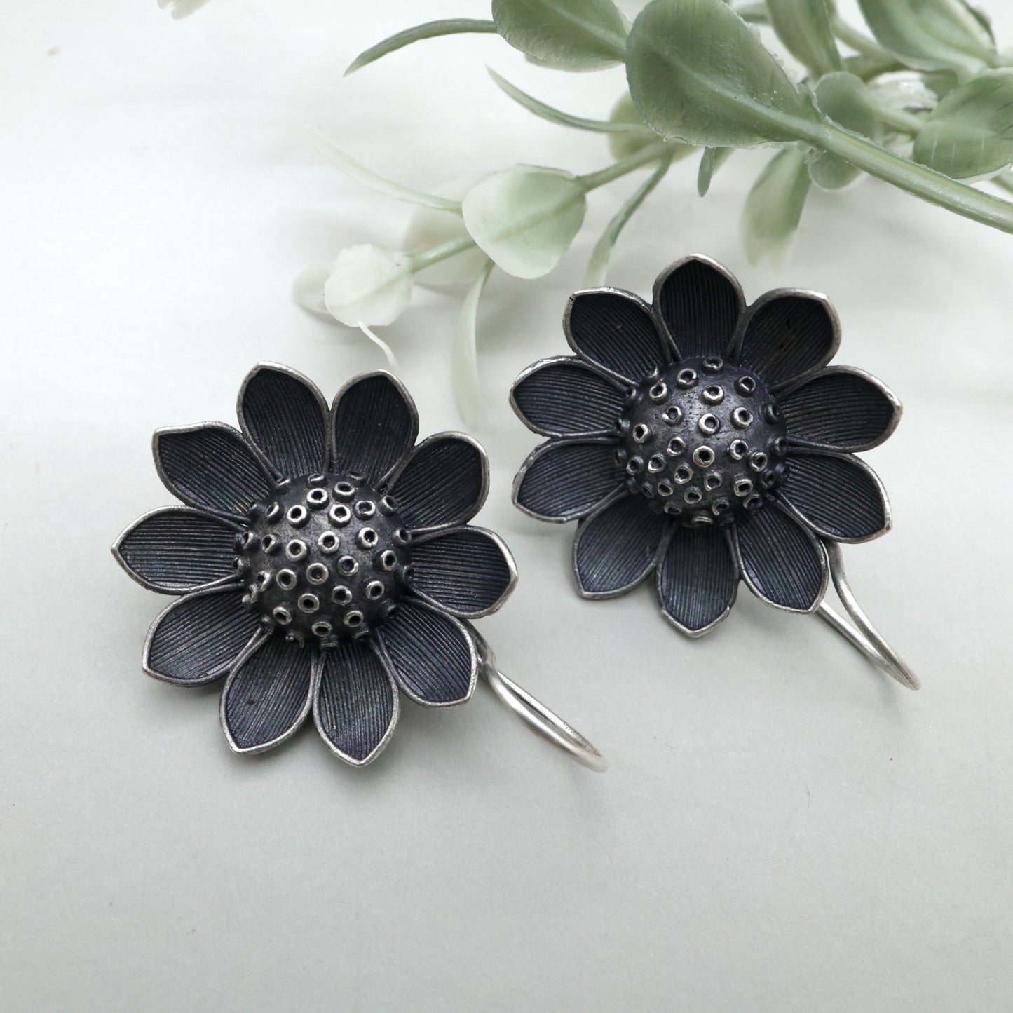 German Silver Oxidised Flower Hoop Earrings