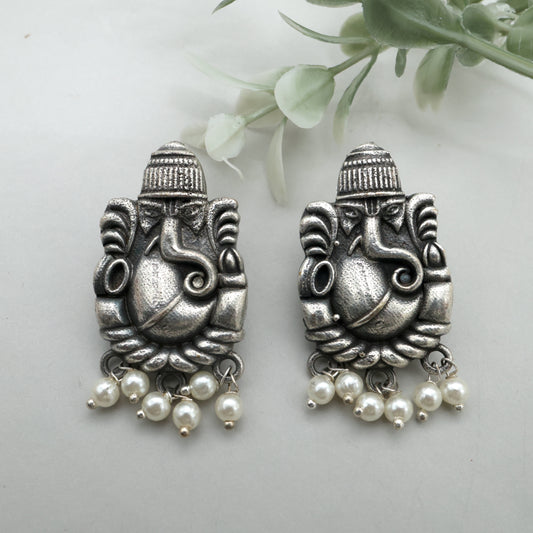 German Silver Oxidised Ganesha Stud Earrings