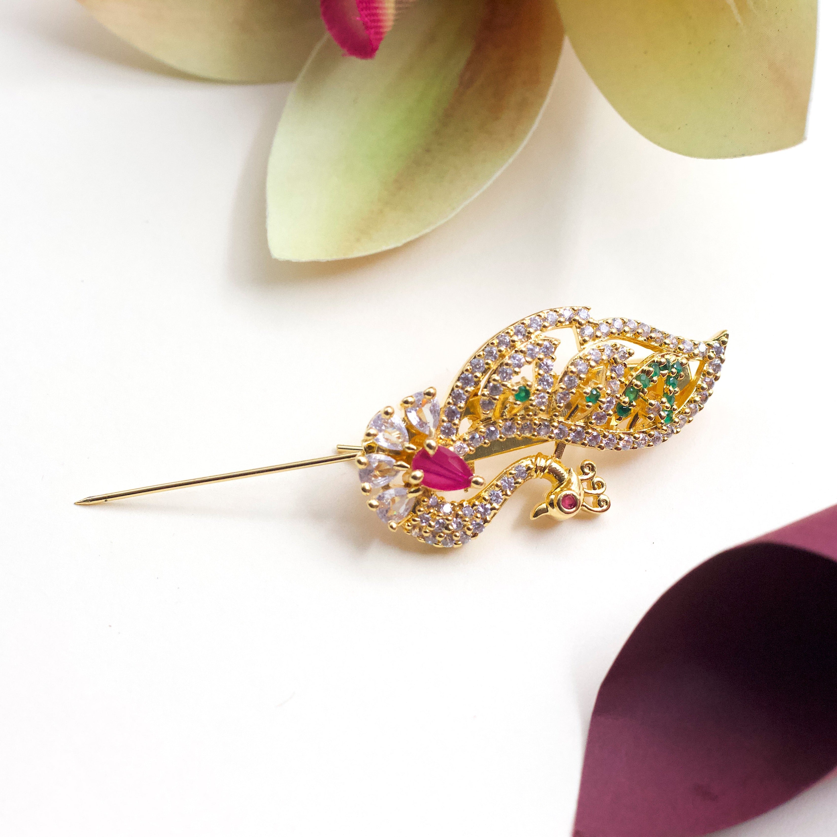 Micro Gold AD Brooch Saree Pin - Designer Peacock