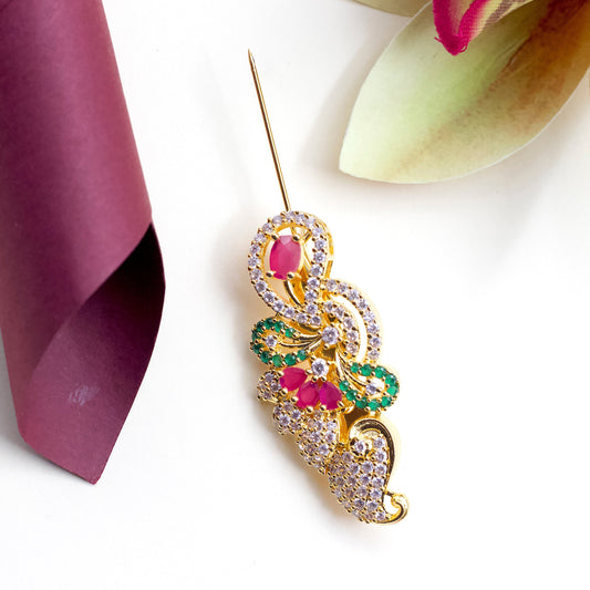 Micro Gold AD Designer Brooch Saree Pin - Designer Flower