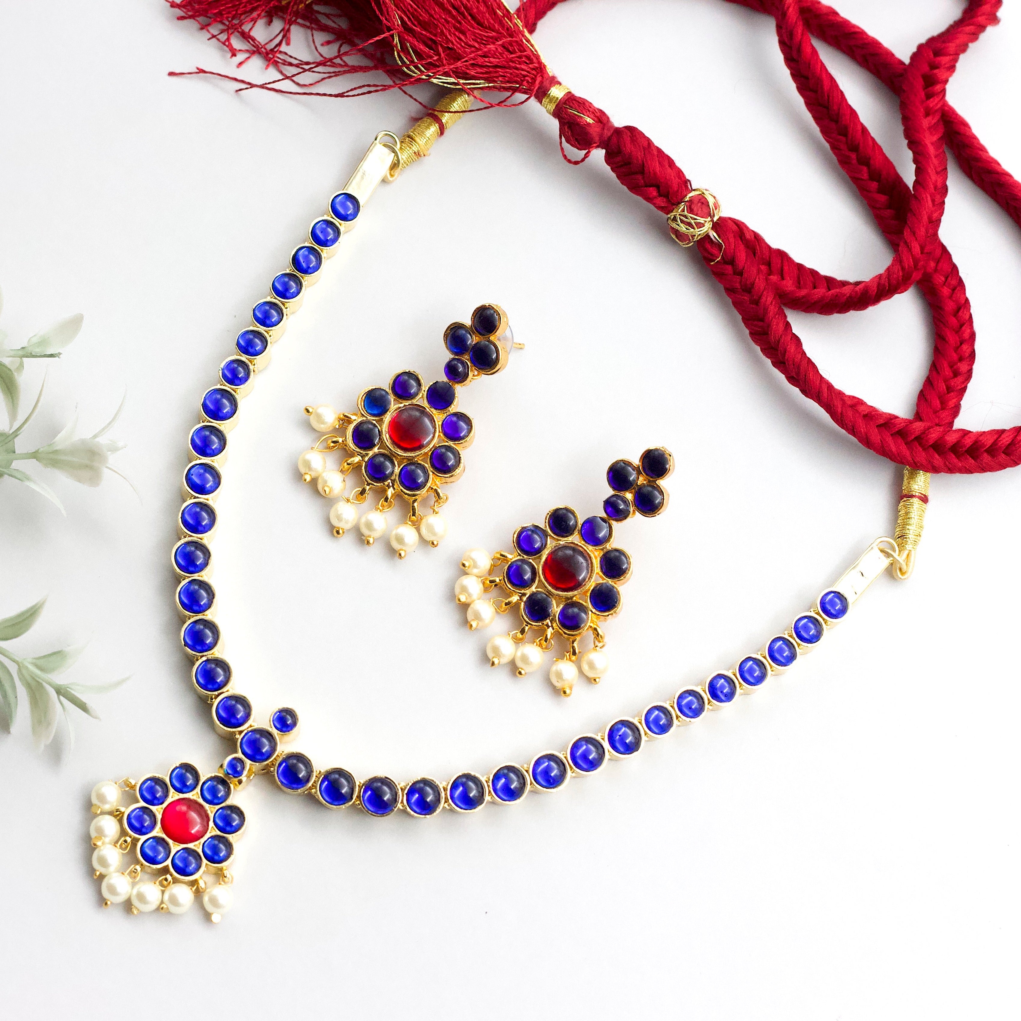 Premium Kemp Traditional Bharatanatyam Bridal Attigai Necklace - Blue