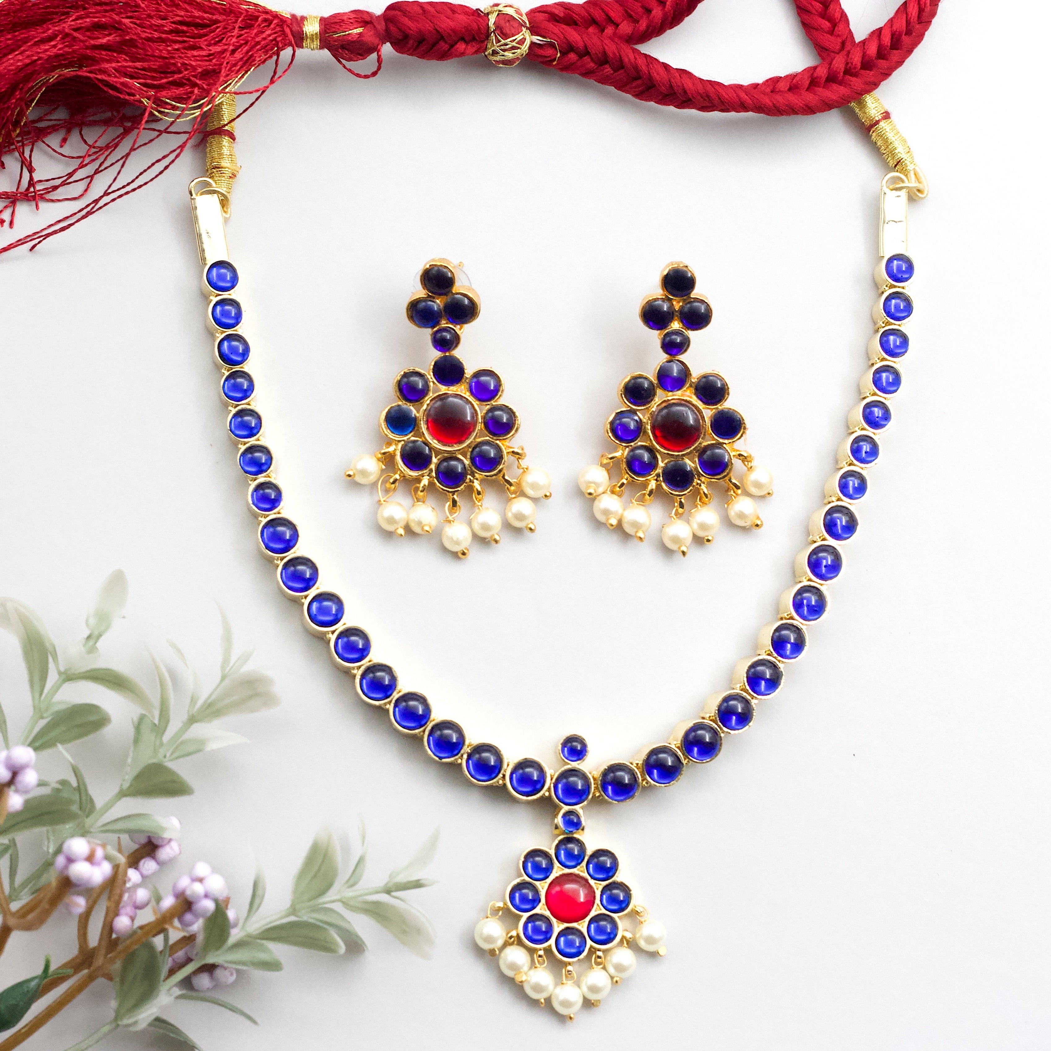 Premium Kemp Traditional Bharatanatyam Bridal Attigai Necklace - Blue