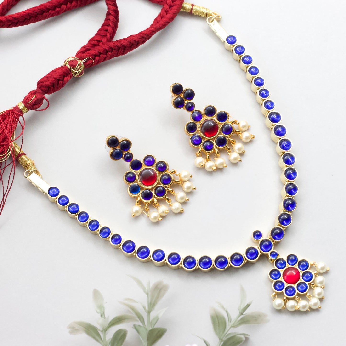 Premium Kemp Traditional Bharatanatyam Bridal Attigai Necklace - Blue