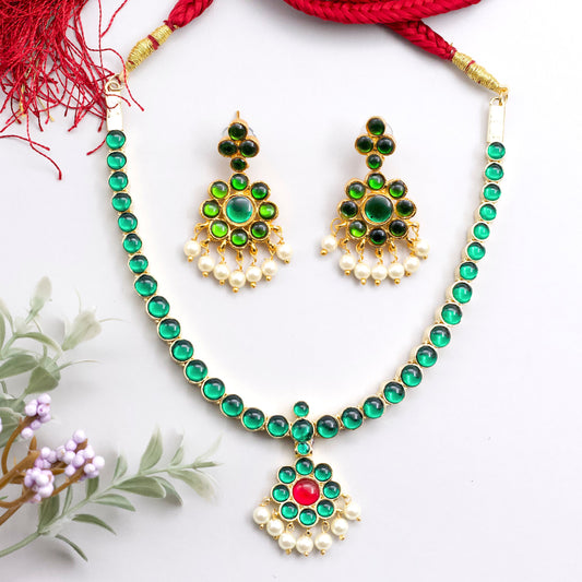 Premium Kemp Traditional Bharatanatyam Bridal Attigai Necklace - Green