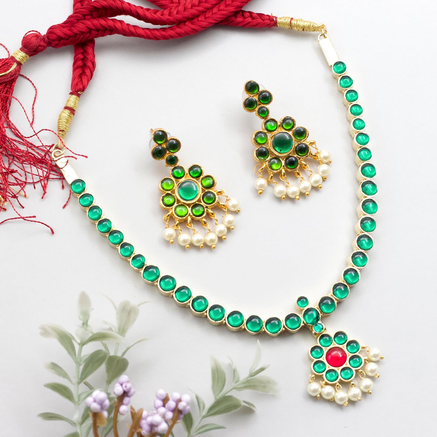 Premium Kemp Traditional Bharatanatyam Bridal Attigai Necklace - Green
