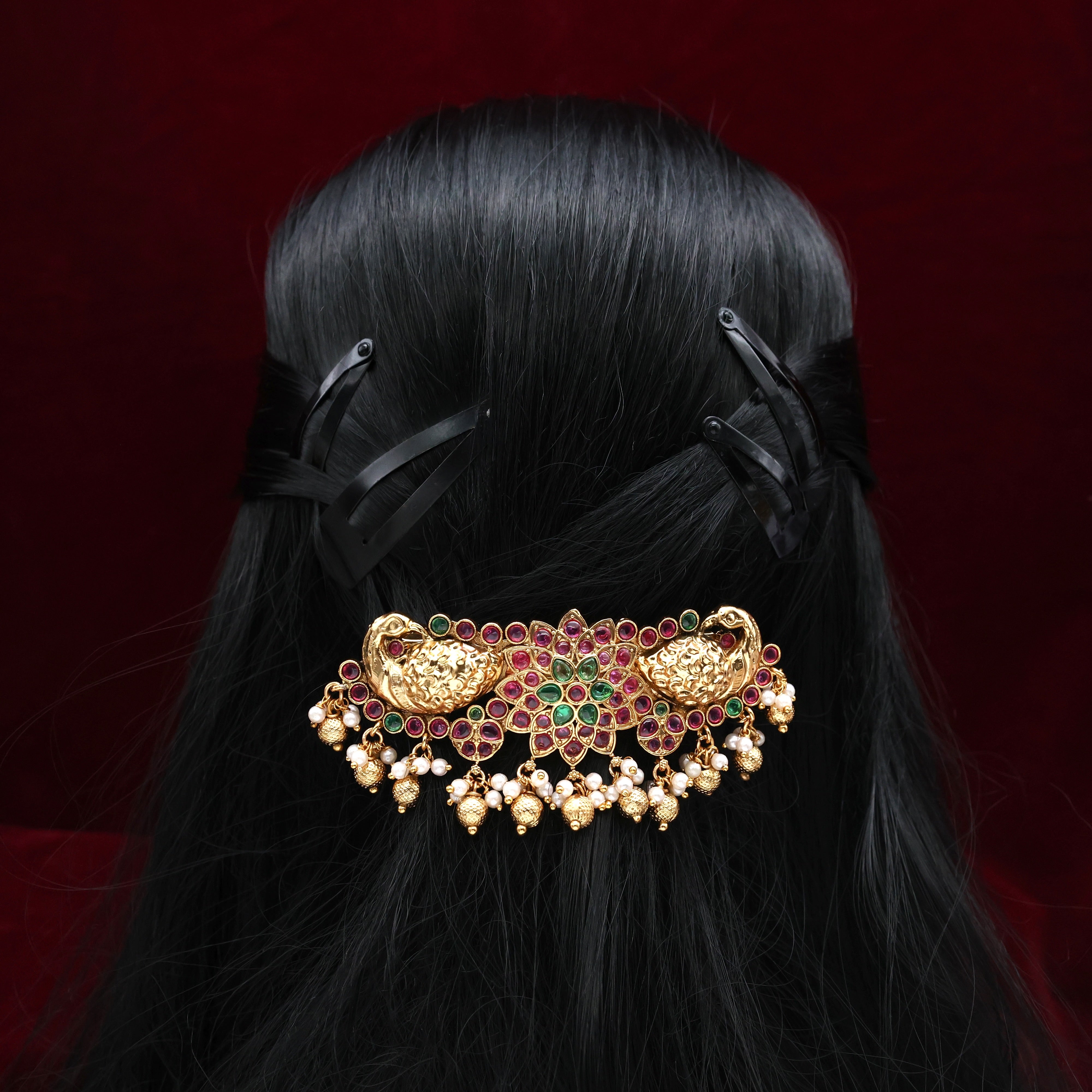 Premium Antique Nagas Kemp Chakri Flower Rettapakshi French Barrette Hair Clip