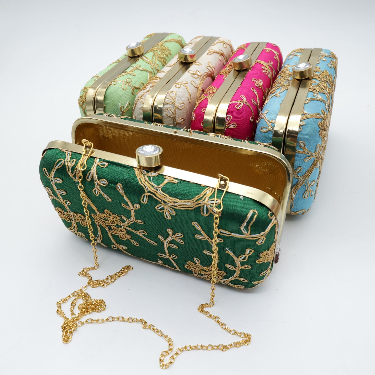 Embroidered Metal Clutch Sling Bag - Pack of 5 (Assorted Colours)