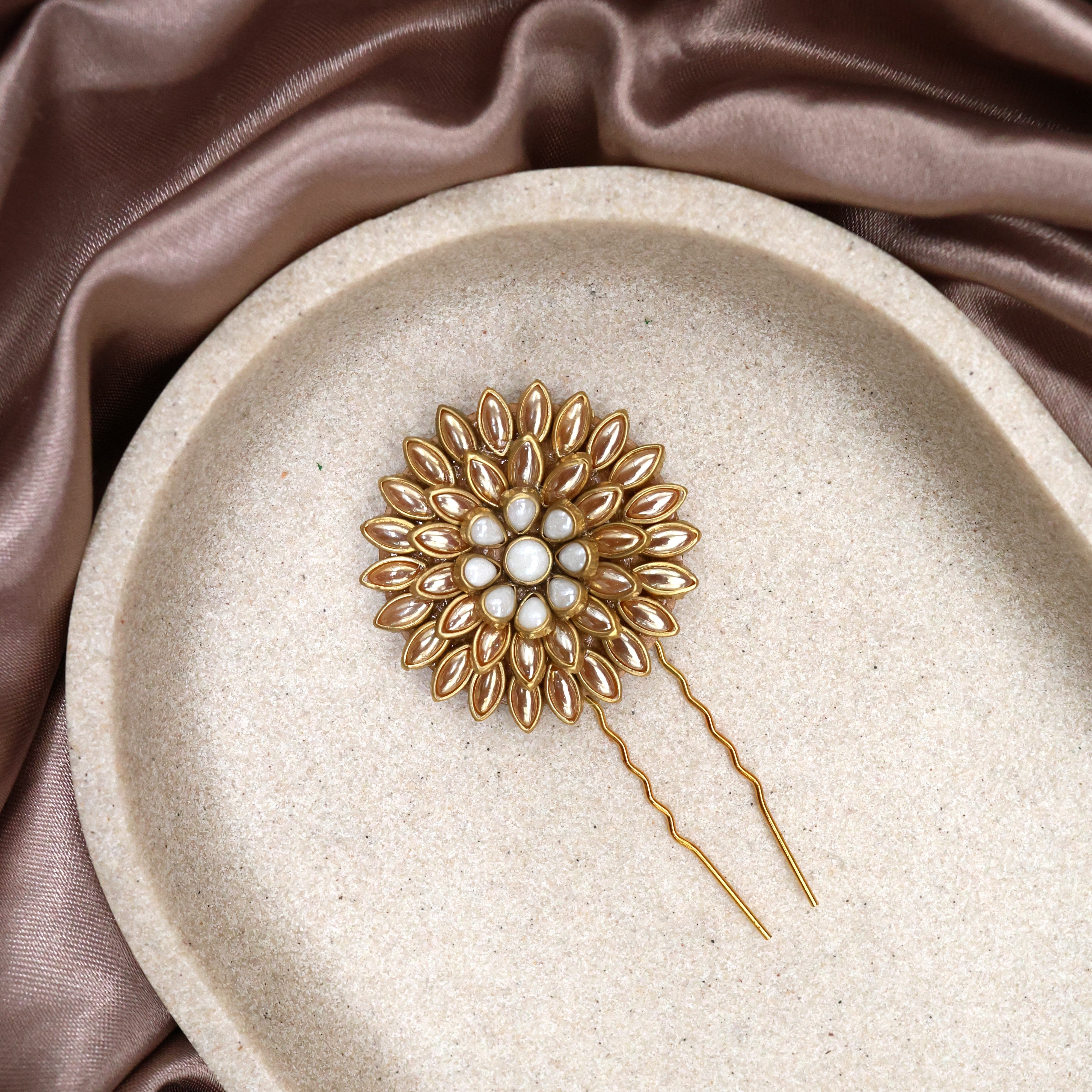 Handmade Kundan Gold & Pearl Stone Flower Hair Pin - Flower U Pin