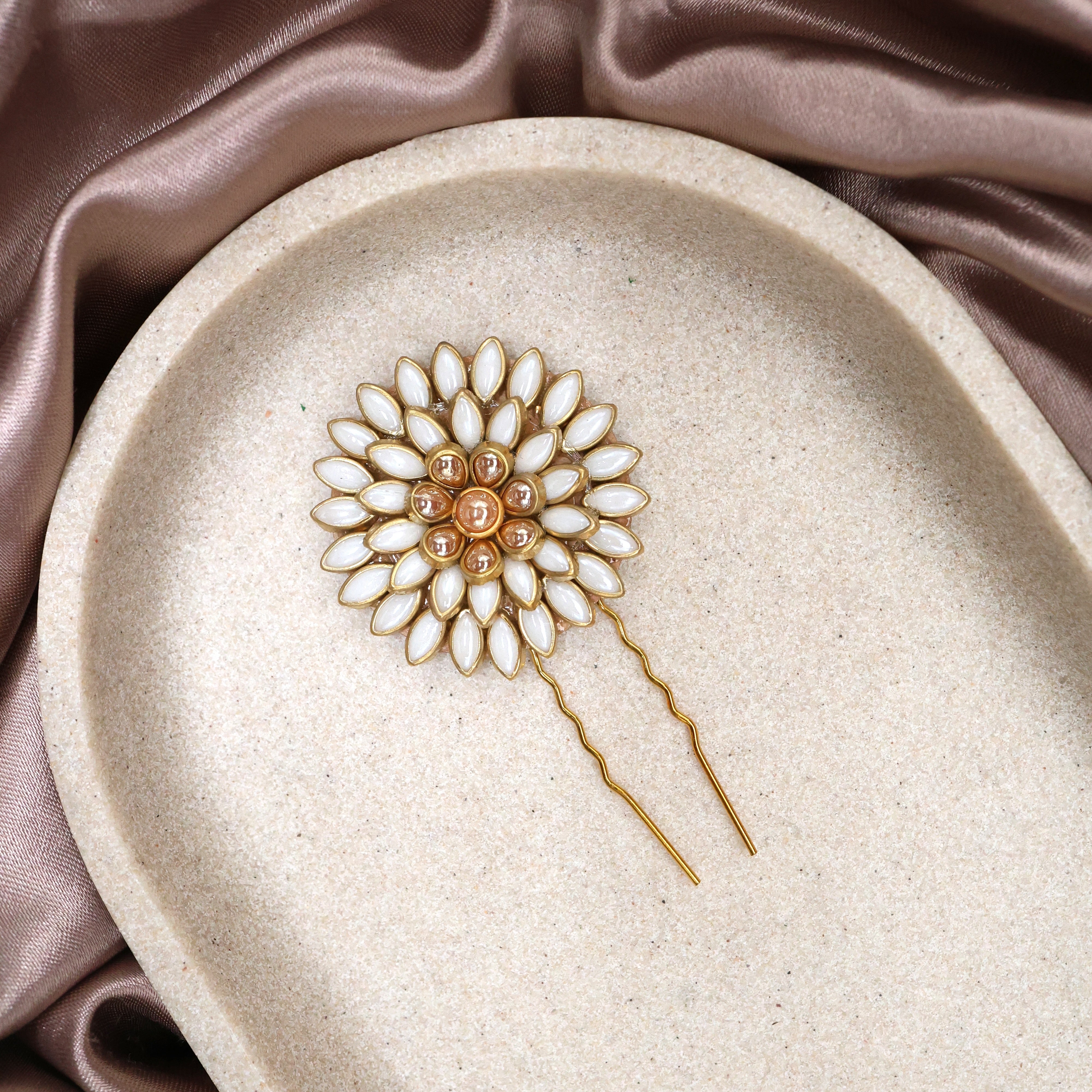 Handmade Kundan Pearl Gold AD Stone Flower Hair Pin - Flower U Pin