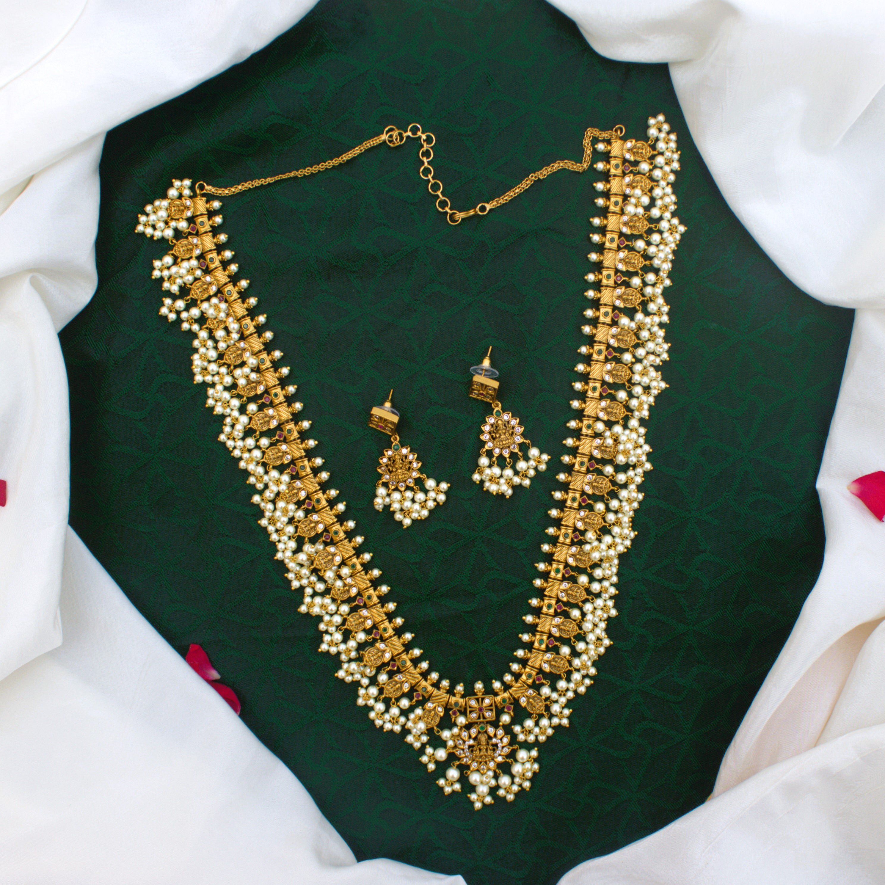 Antique Gold Lakshmi Devi AD Bridal Guttapusalu Haaram Set