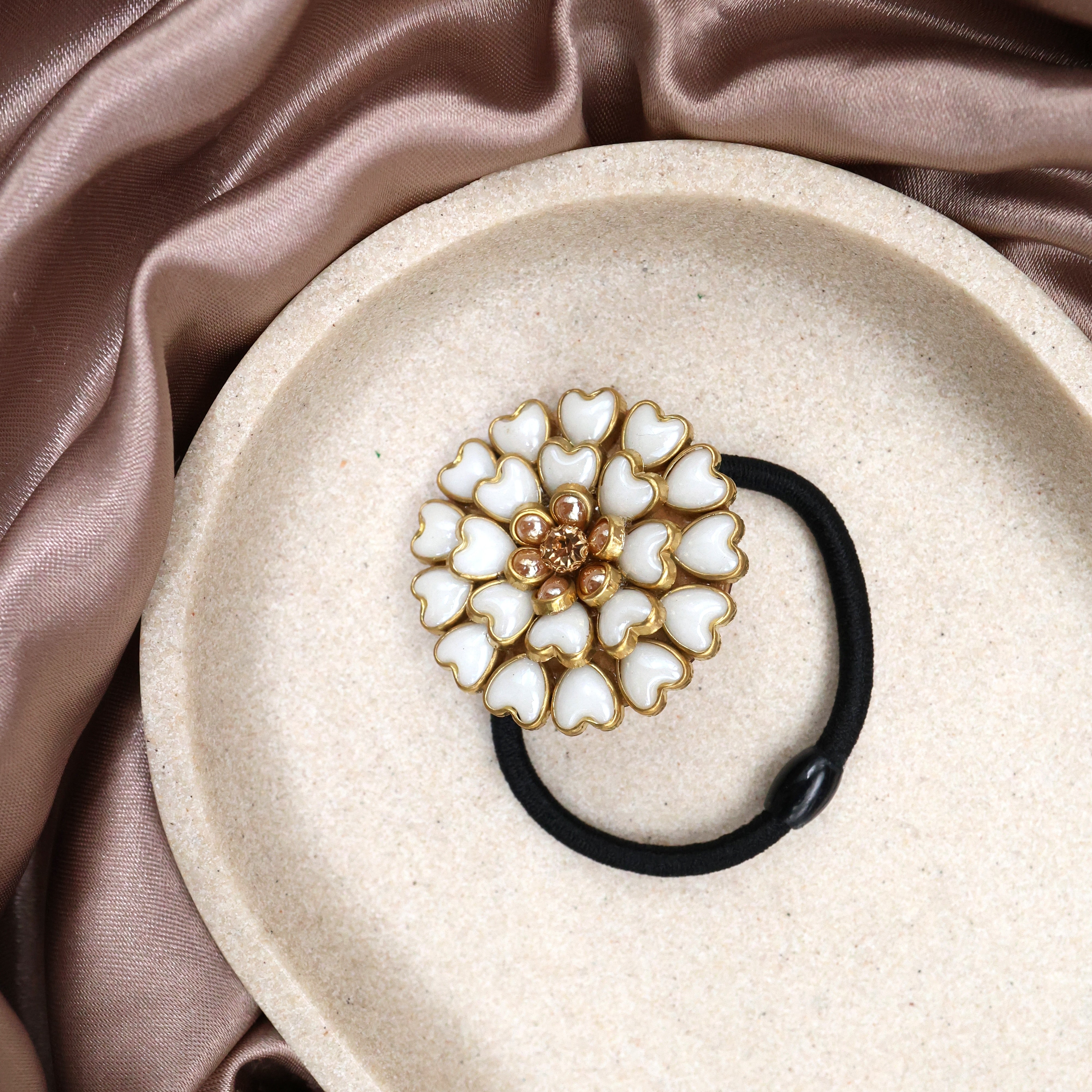 Handmade Heart Pearl AD Kundan Elastic Hair Band