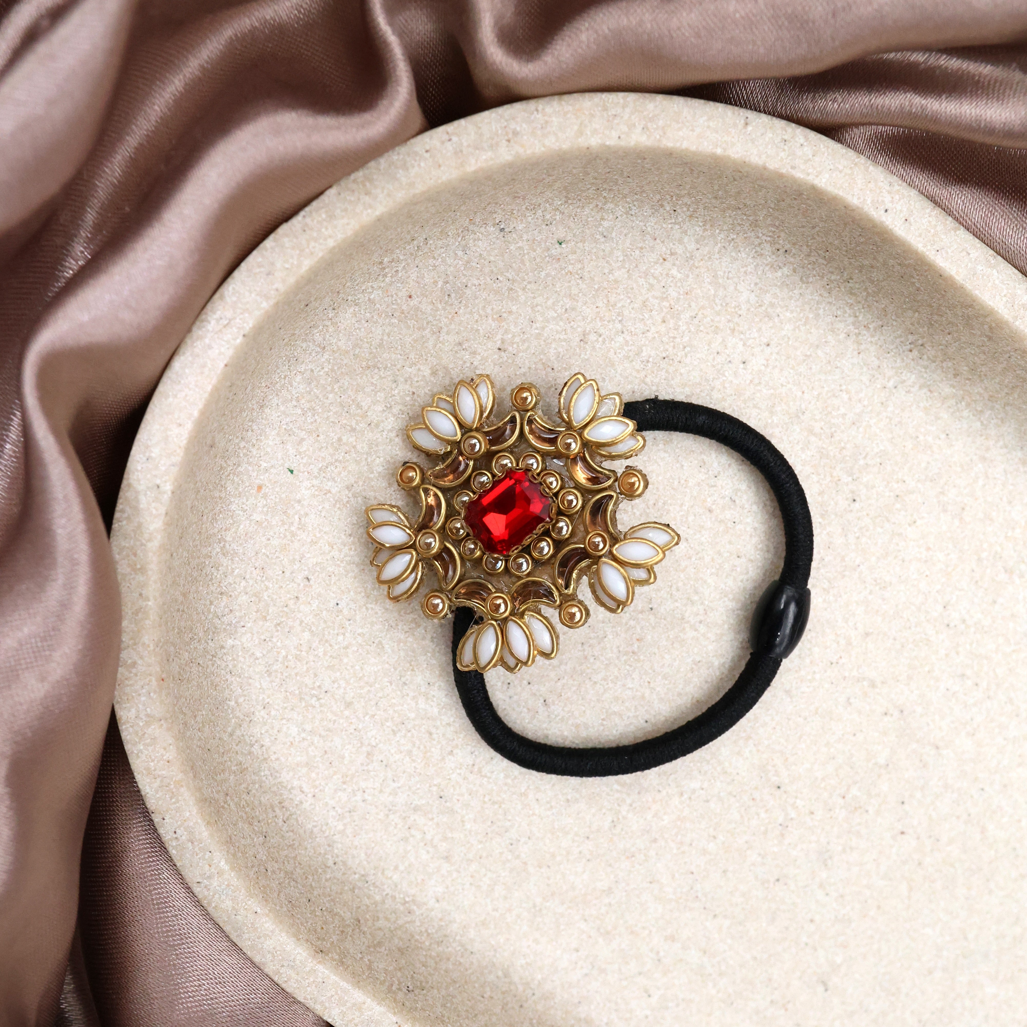 Handmade Kundan AD Stone Small Lotuses Hair Band - Honey & Red