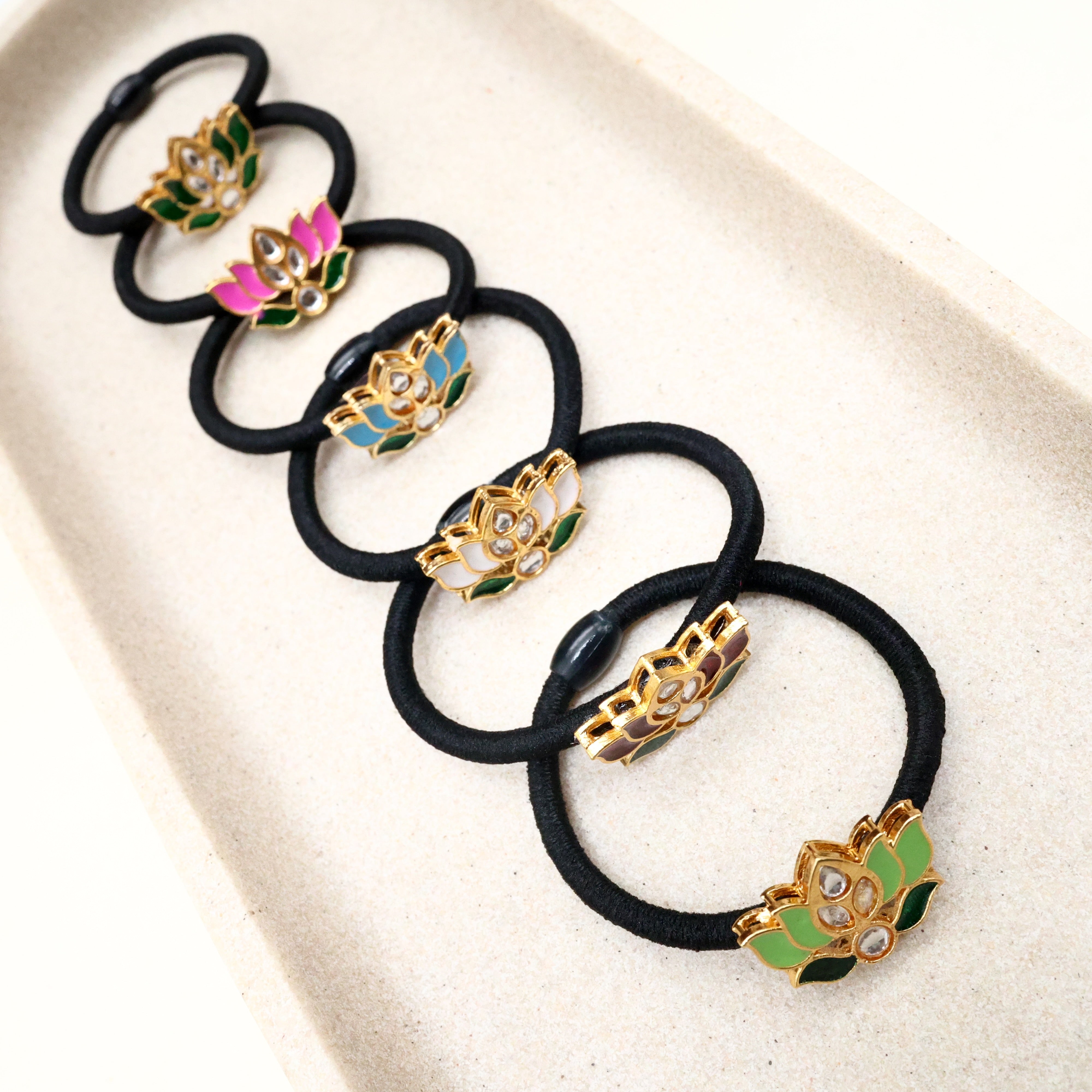 Pack Of 6 Kundan Lotus Hair Bands ( Assorted Colours )