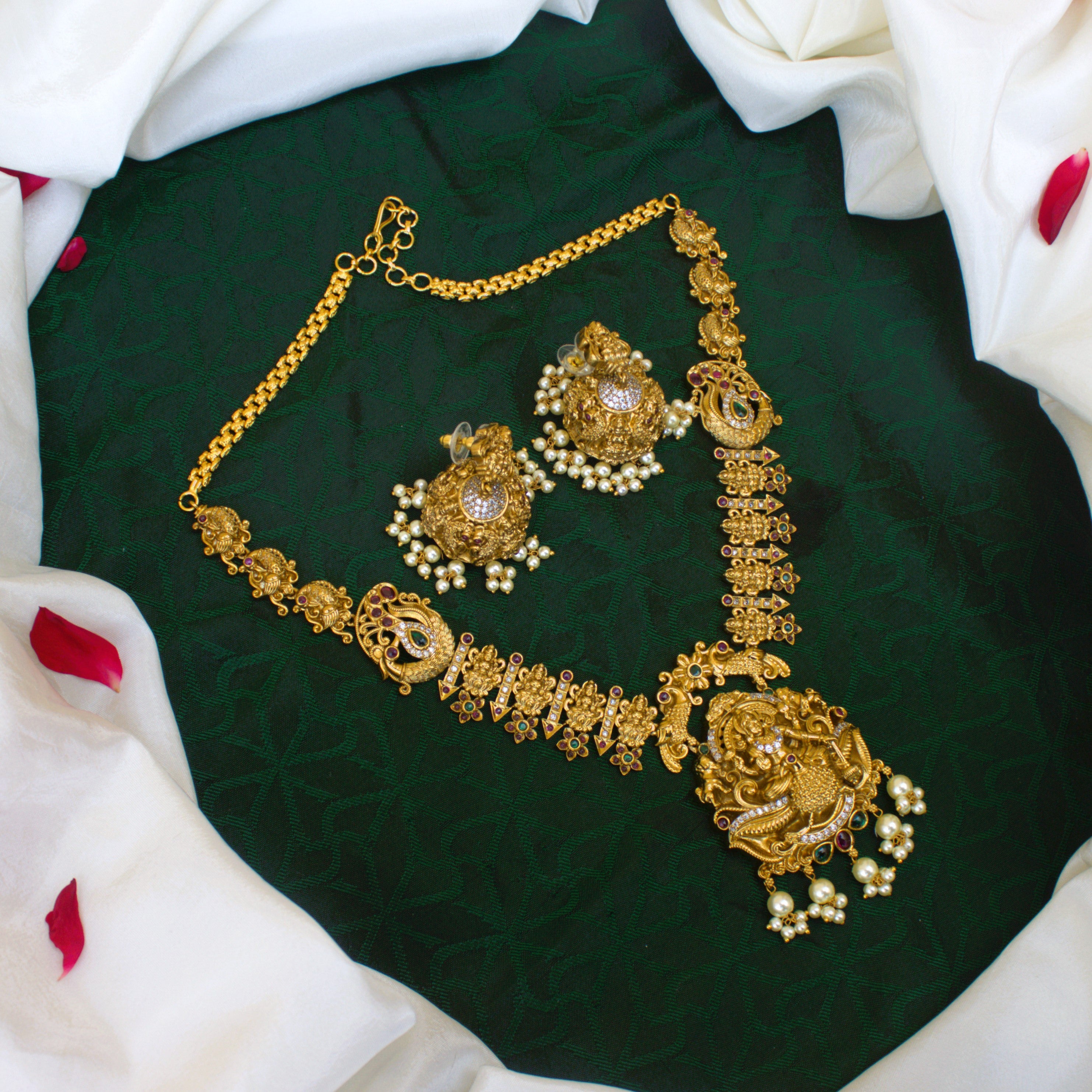 Real Gold Look Antique Gold Garudavaagana Narayana Nagas AD Heavy Bridal Necklace Set