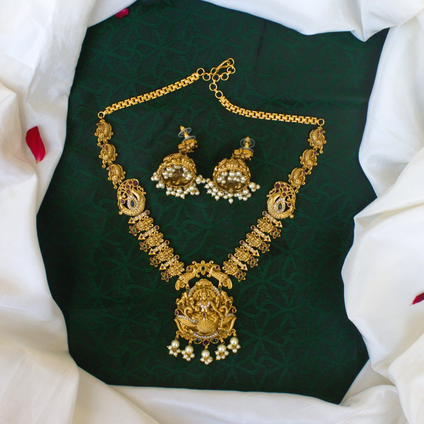 Real Gold Look Antique Gold Garudavaagana Narayana Nagas AD Heavy Bridal Necklace Set
