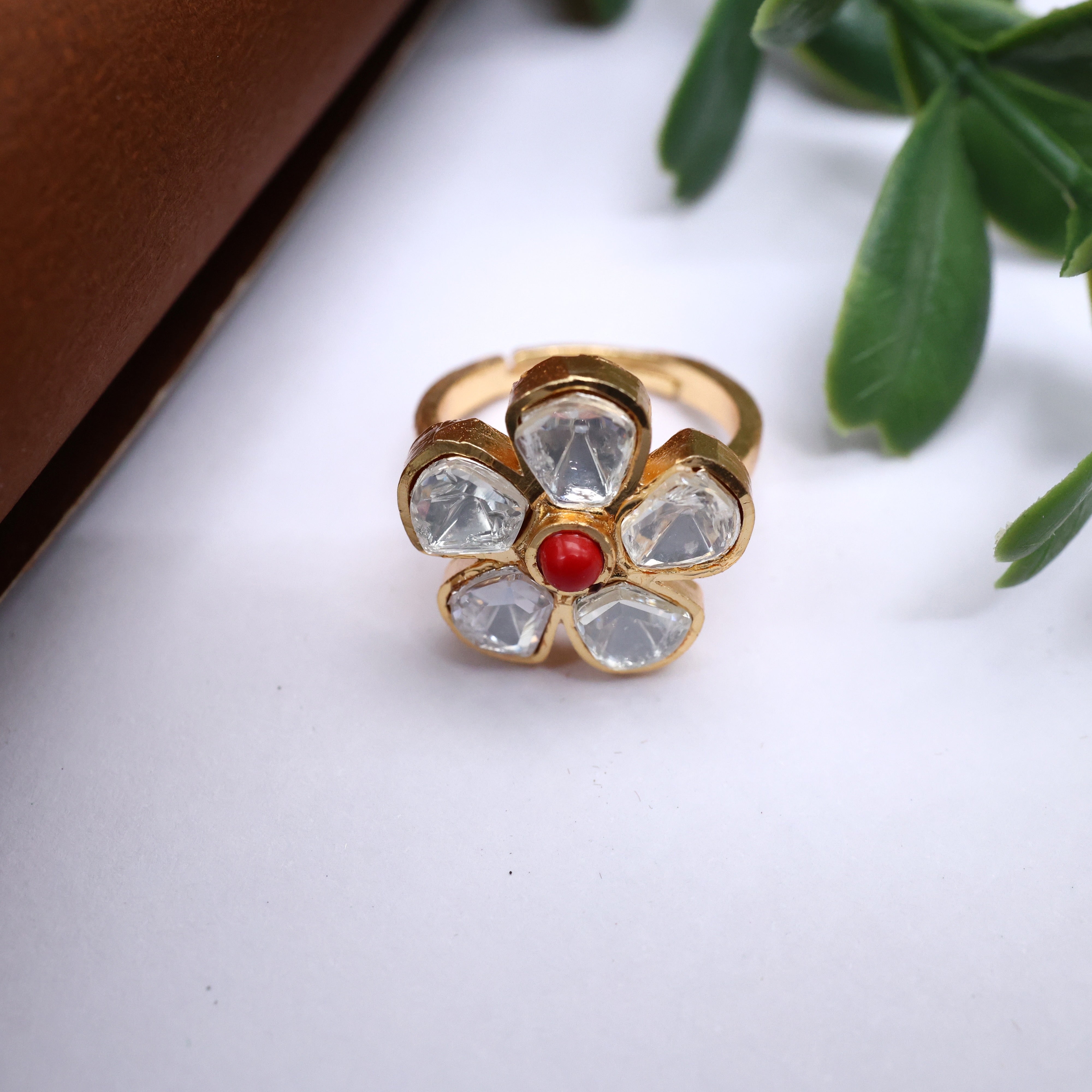 Premium Moissanite Cute Flower Adjustable Finger Ring - Coral