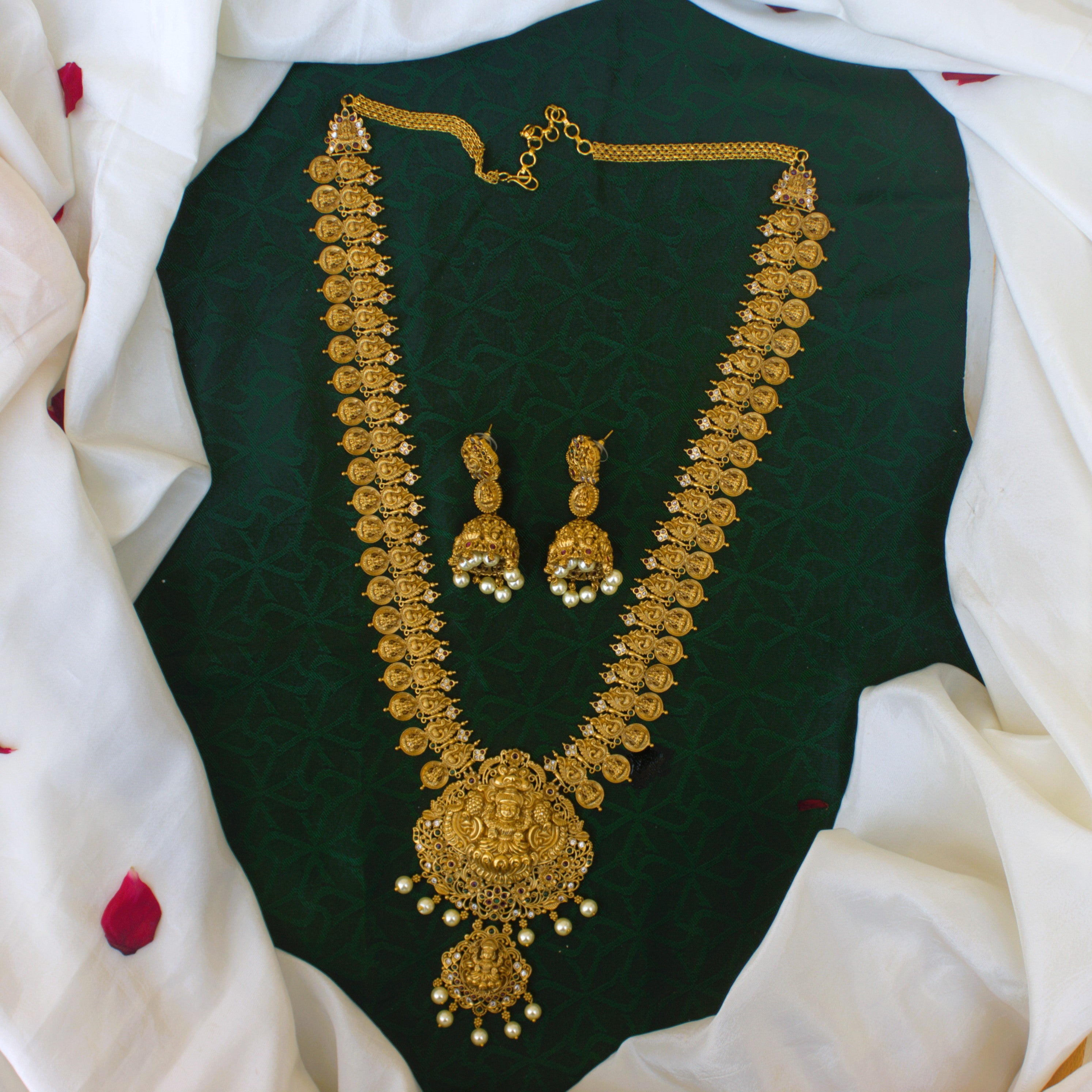 Real Gold Look Antique Mahalakshmi Annam Long Nagas Bridal Coin Haaram - Premium South Indian Heavy Bridal Kaasulaperu