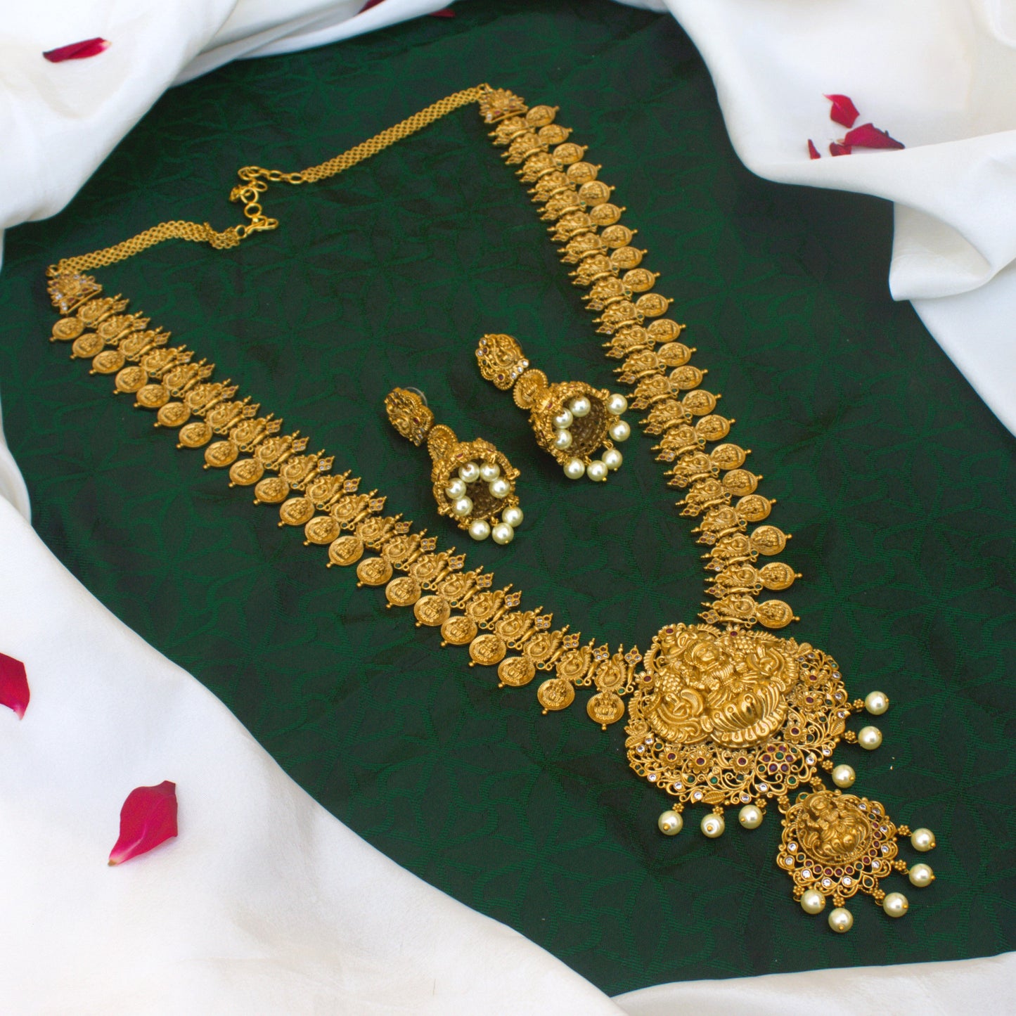 Real Gold Look Antique Mahalakshmi Annam Long Nagas Bridal Coin Haaram - Premium South Indian Heavy Bridal Kaasulaperu