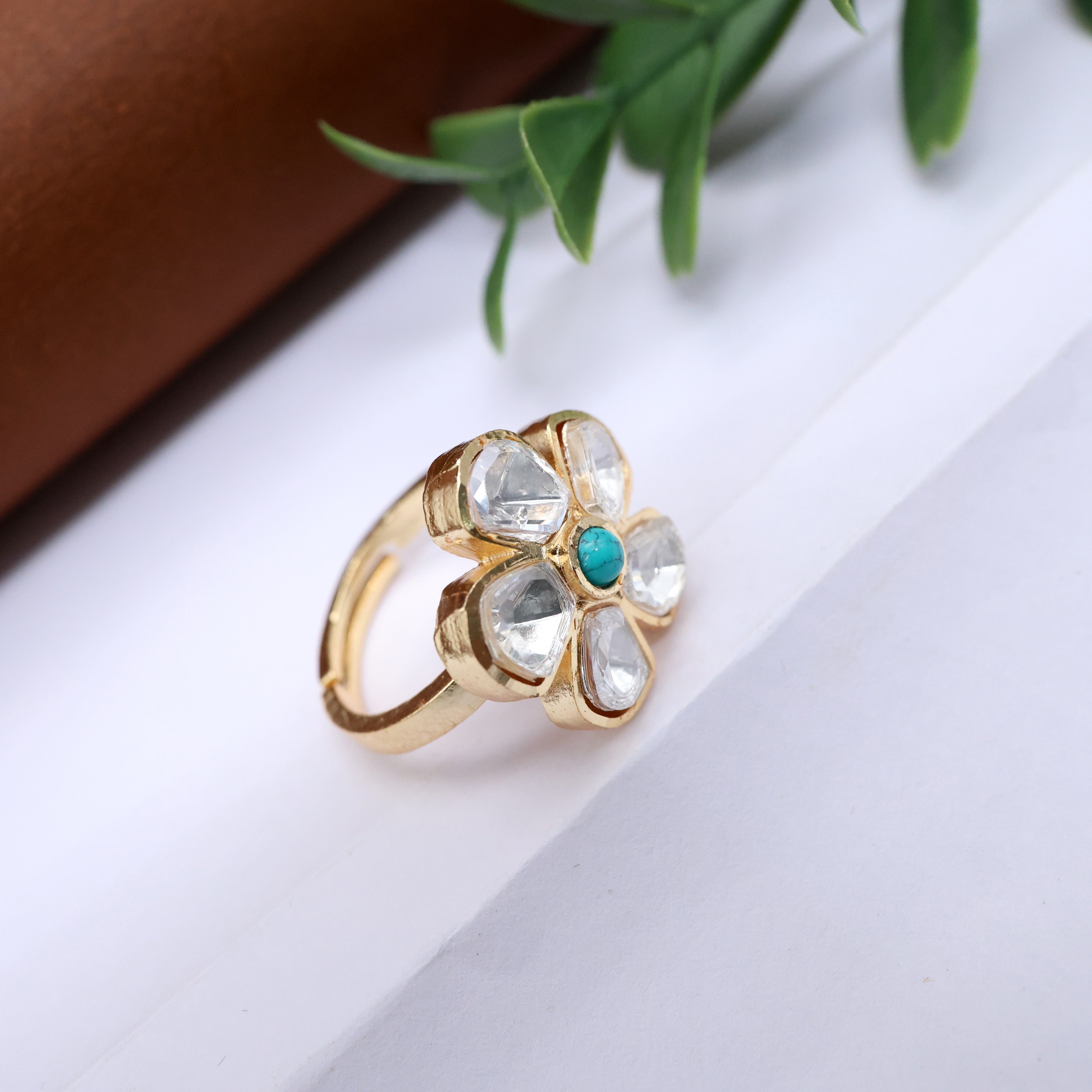 Premium Moissanite Cute Flower Adjustable Finger Ring - Turquoise