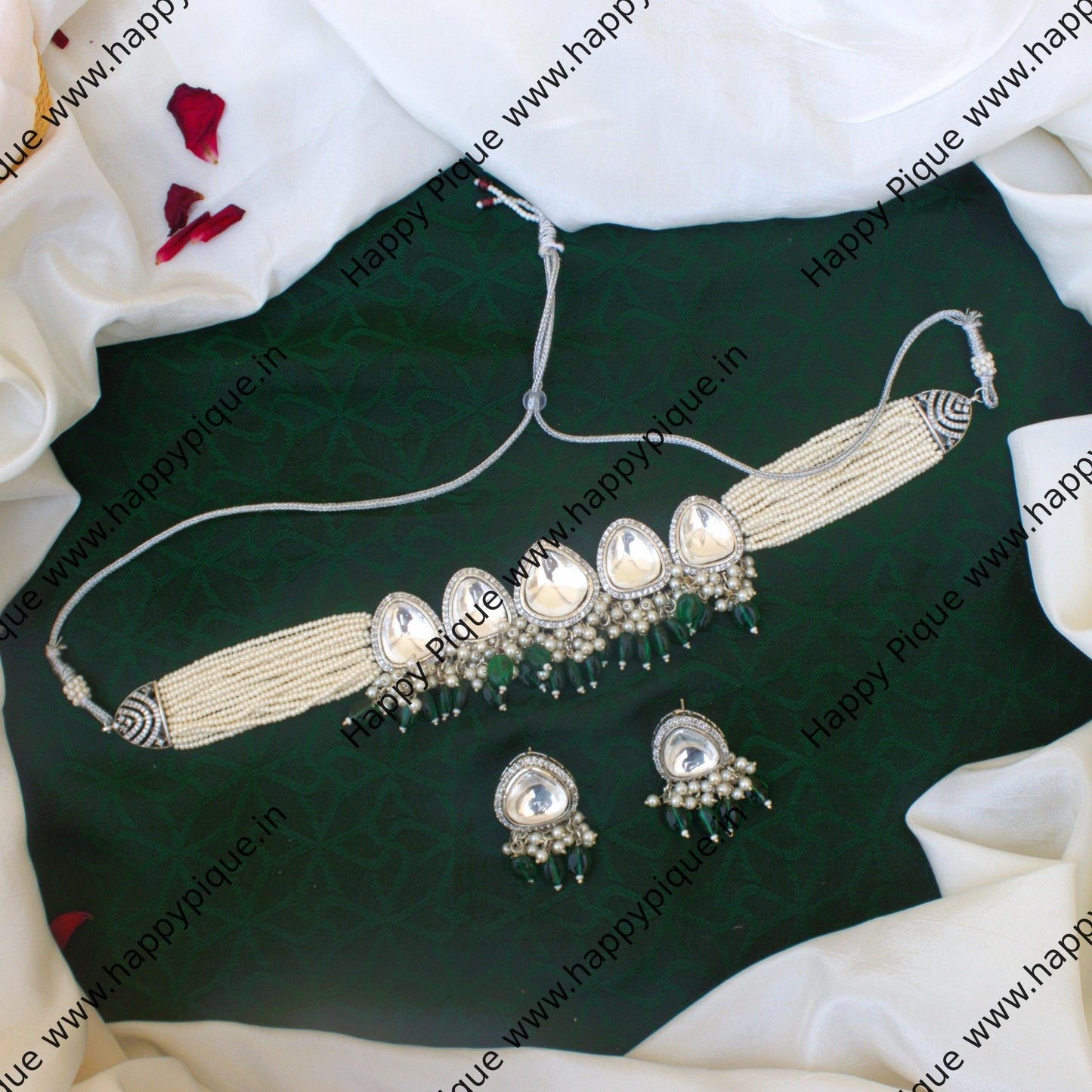 Uncut Tiani Kundan AD Pearl High Neck Choker Set - Premium Kundan Jewellery Collection