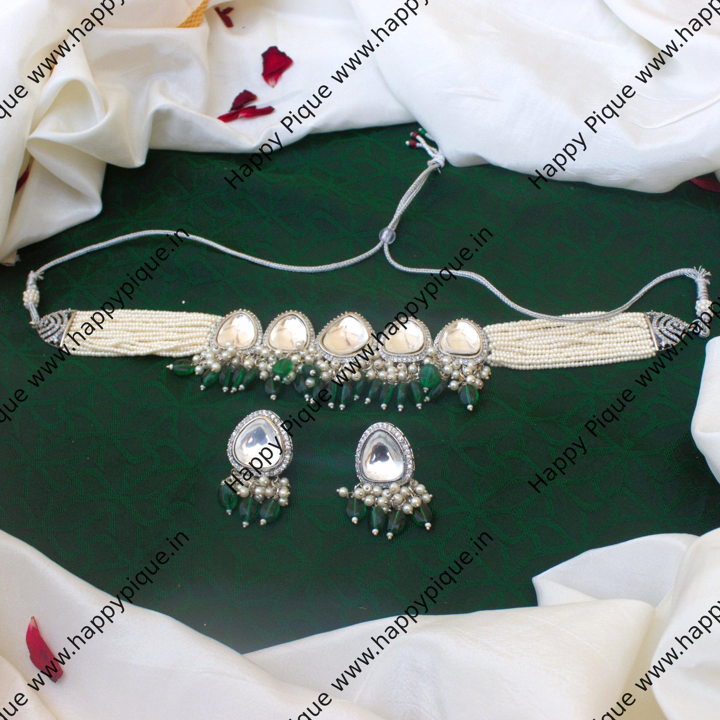 Uncut Tiani Kundan AD Pearl High Neck Choker Set - Premium Kundan Jewellery Collection