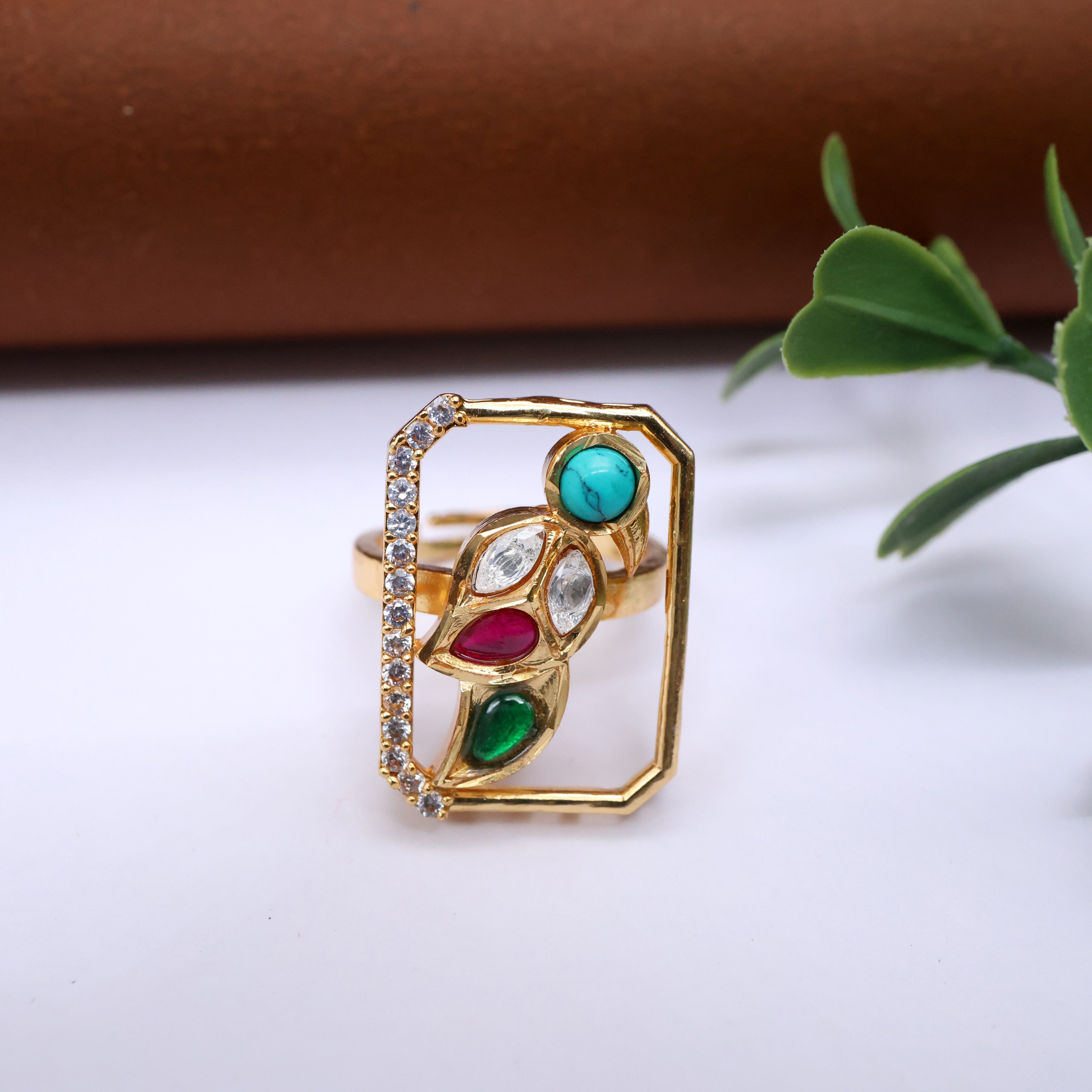 Premium Moissanite Peacock Adjustable Finger Ring - Ruby & Green