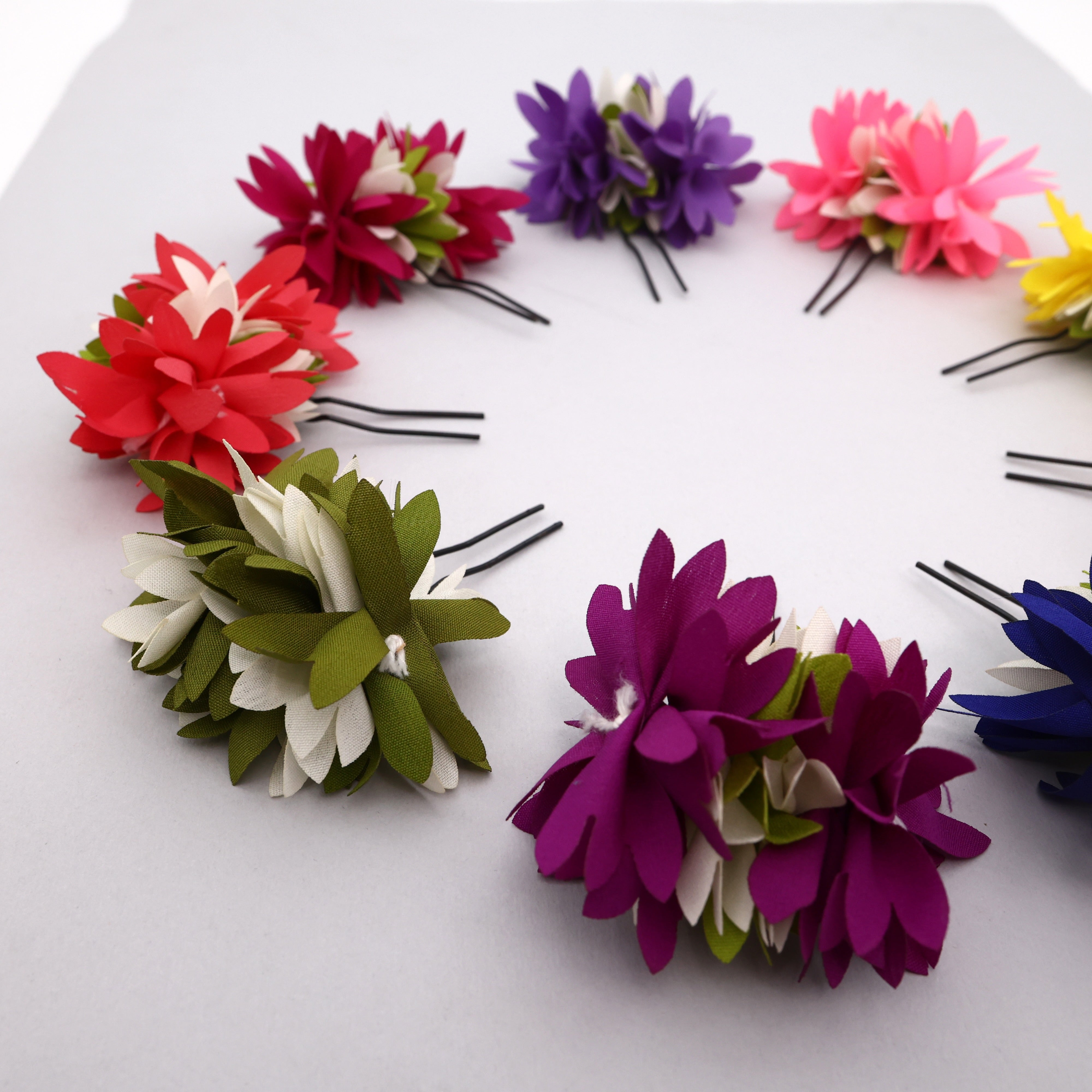 Pack of 6 Handmade Pichi Poo Kadhambam Flower U Pins - Assorted Colours