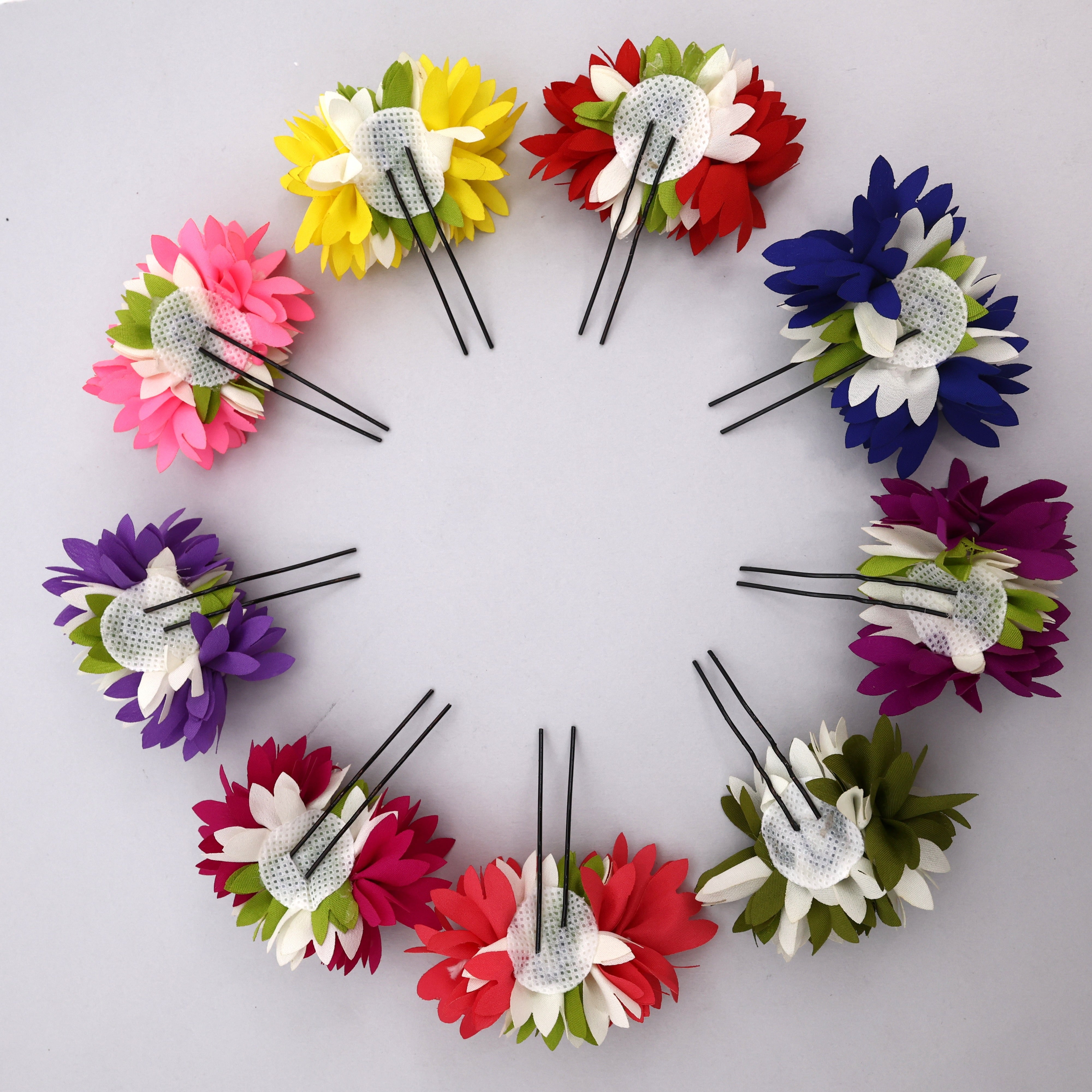 Pack of 6 Handmade Pichi Poo Kadhambam Flower U Pins - Assorted Colours