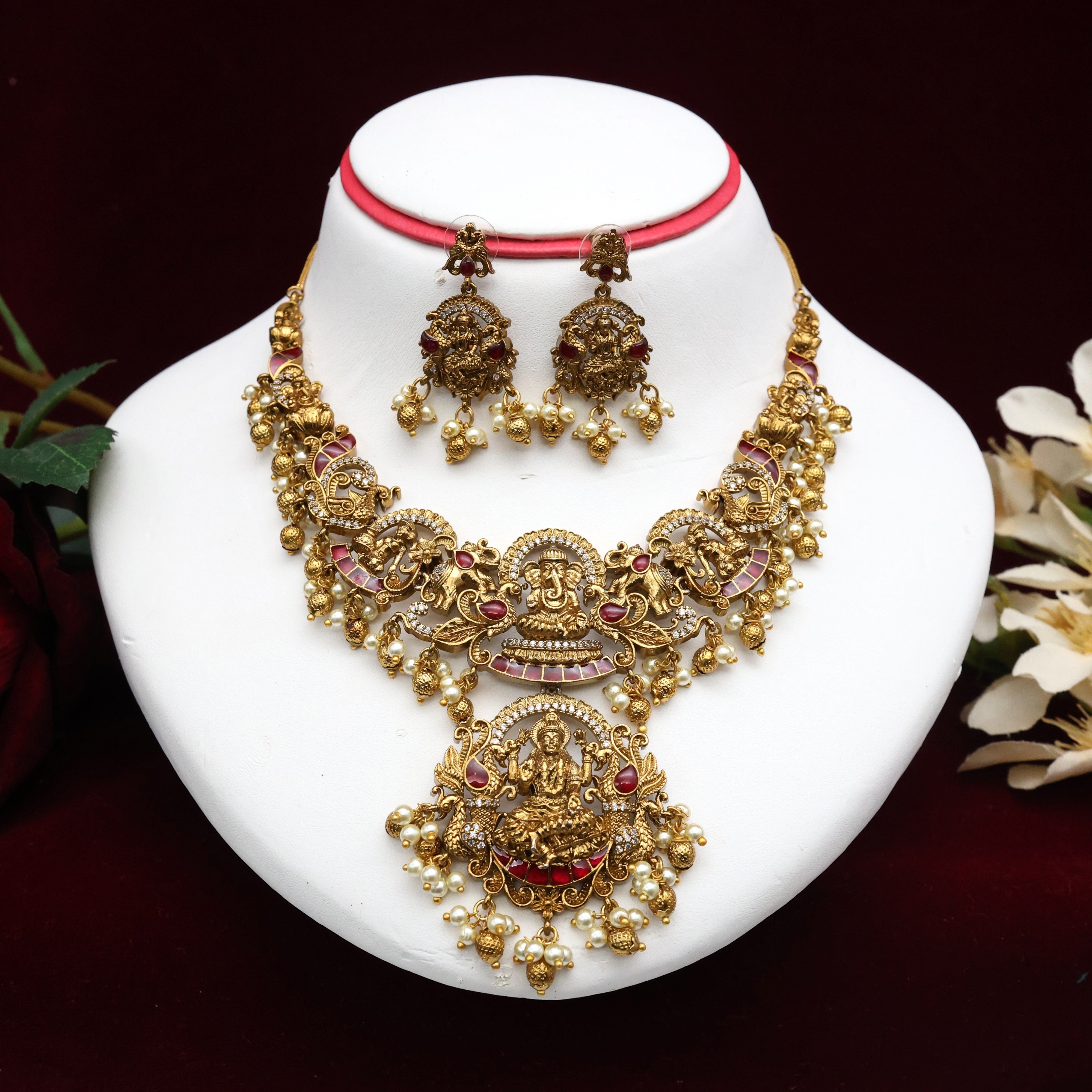 Antique Gold Nagas Lakshmi Ganesha Bridal Necklace Set