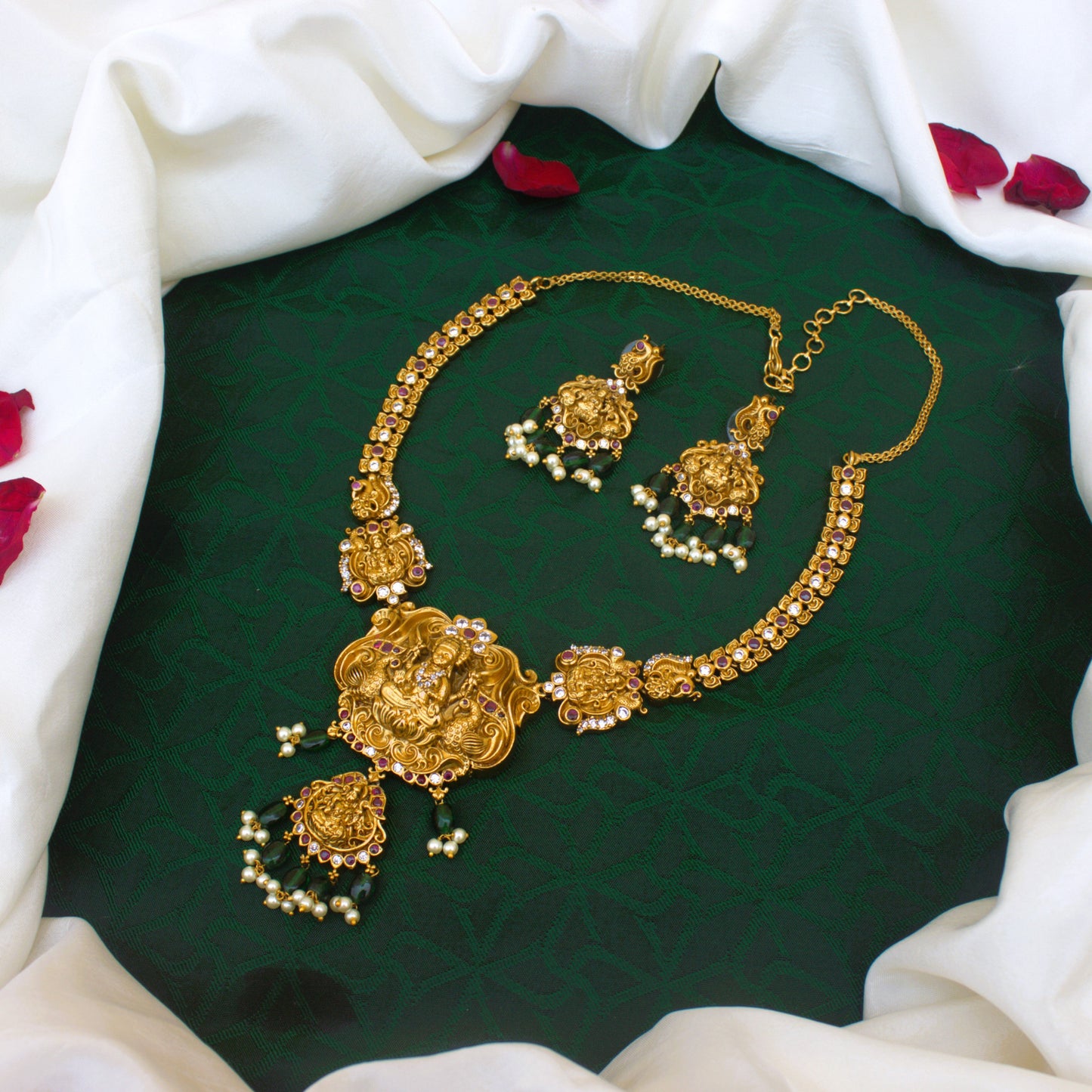 Real Antique Gold Look Mahalakshmi Devi Double Layer Pendant AD Kemp Bridal Hasli Necklace Set
