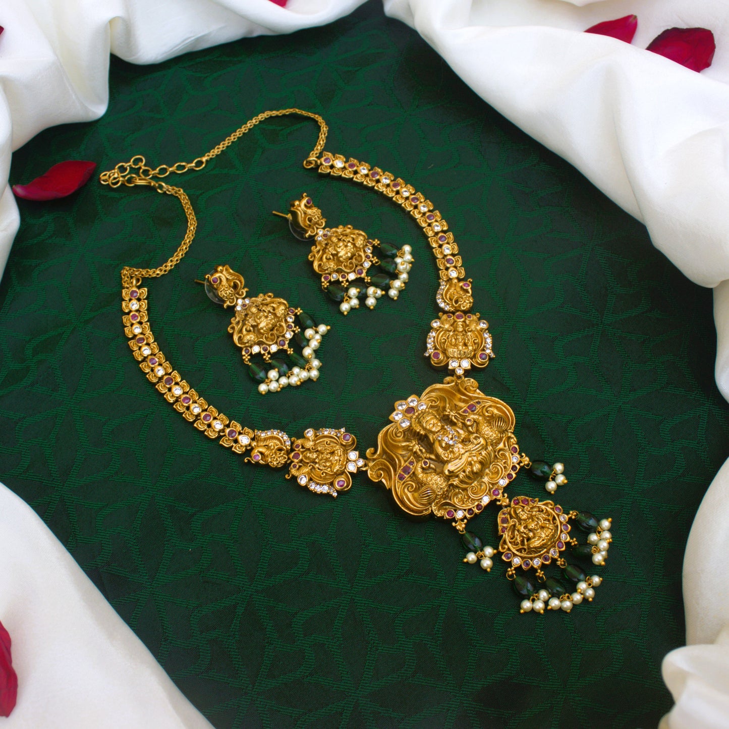 Real Antique Gold Look Mahalakshmi Devi Double Layer Pendant AD Kemp Bridal Hasli Necklace Set