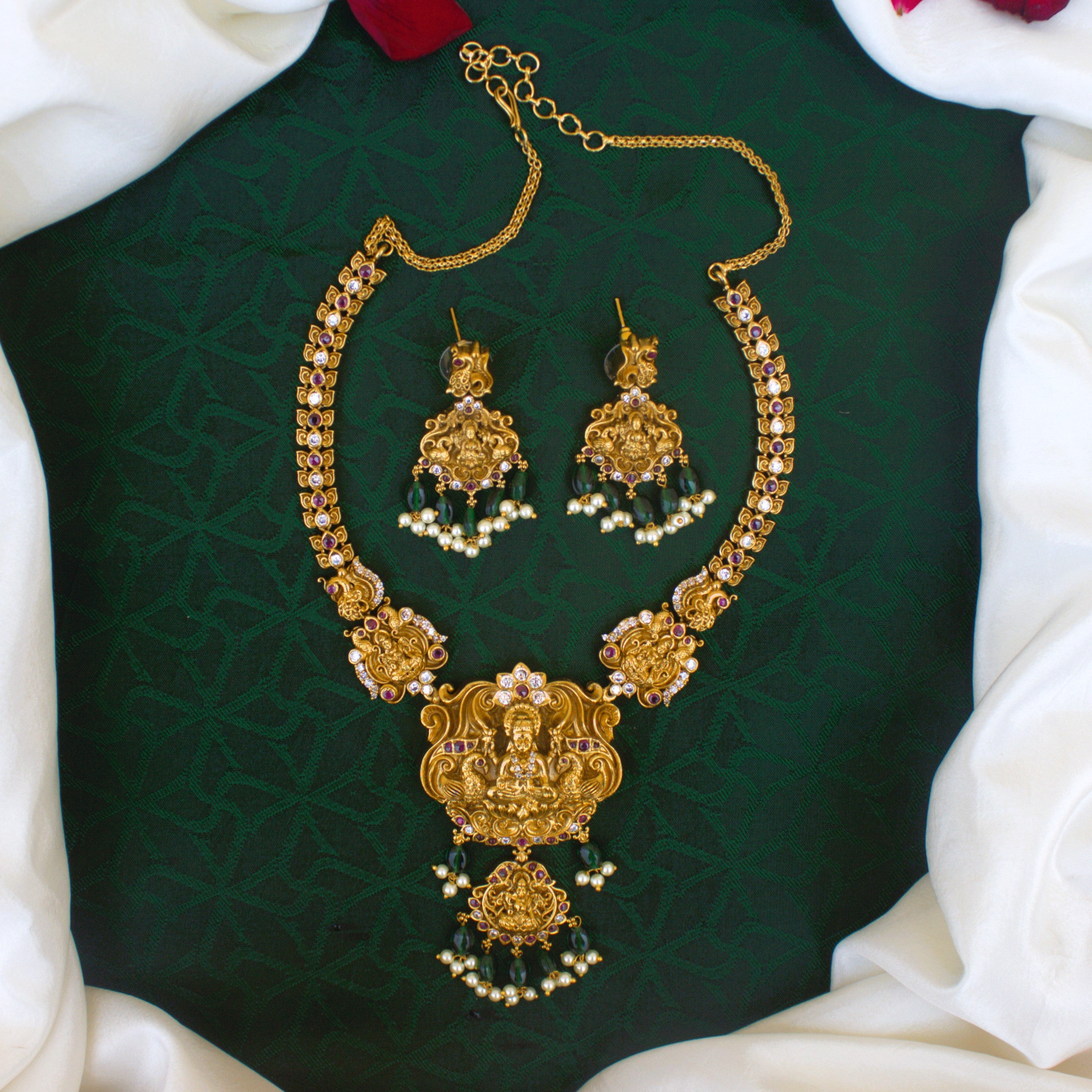 Real Antique Gold Look Mahalakshmi Devi Double Layer Pendant AD Kemp Bridal Hasli Necklace Set