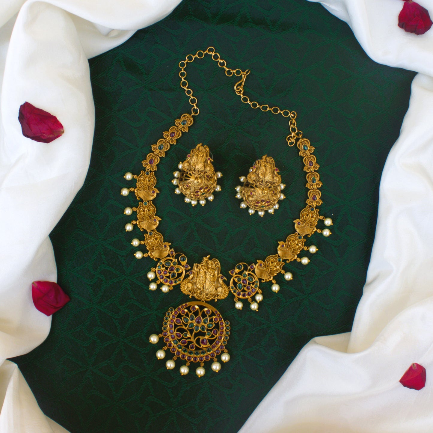 Antique Matte Real Kemp Radhe Krishna Nagas Bridal Necklace Set