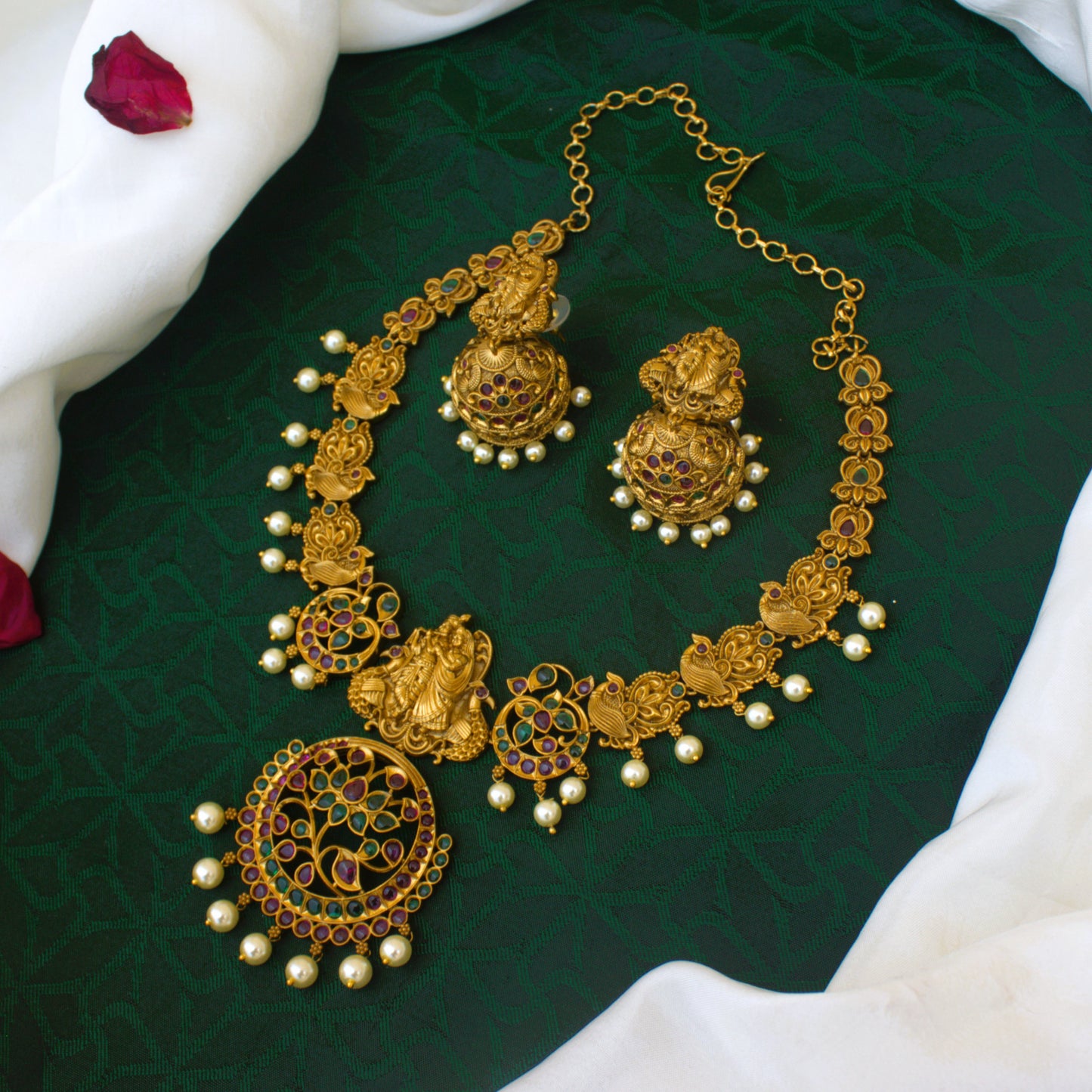 Antique Matte Real Kemp Radhe Krishna Nagas Bridal Necklace Set