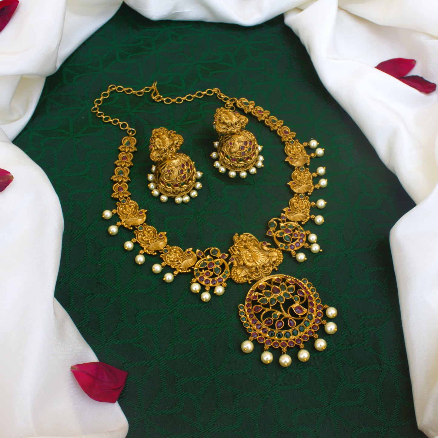 Antique Matte Real Kemp Radhe Krishna Nagas Bridal Necklace Set