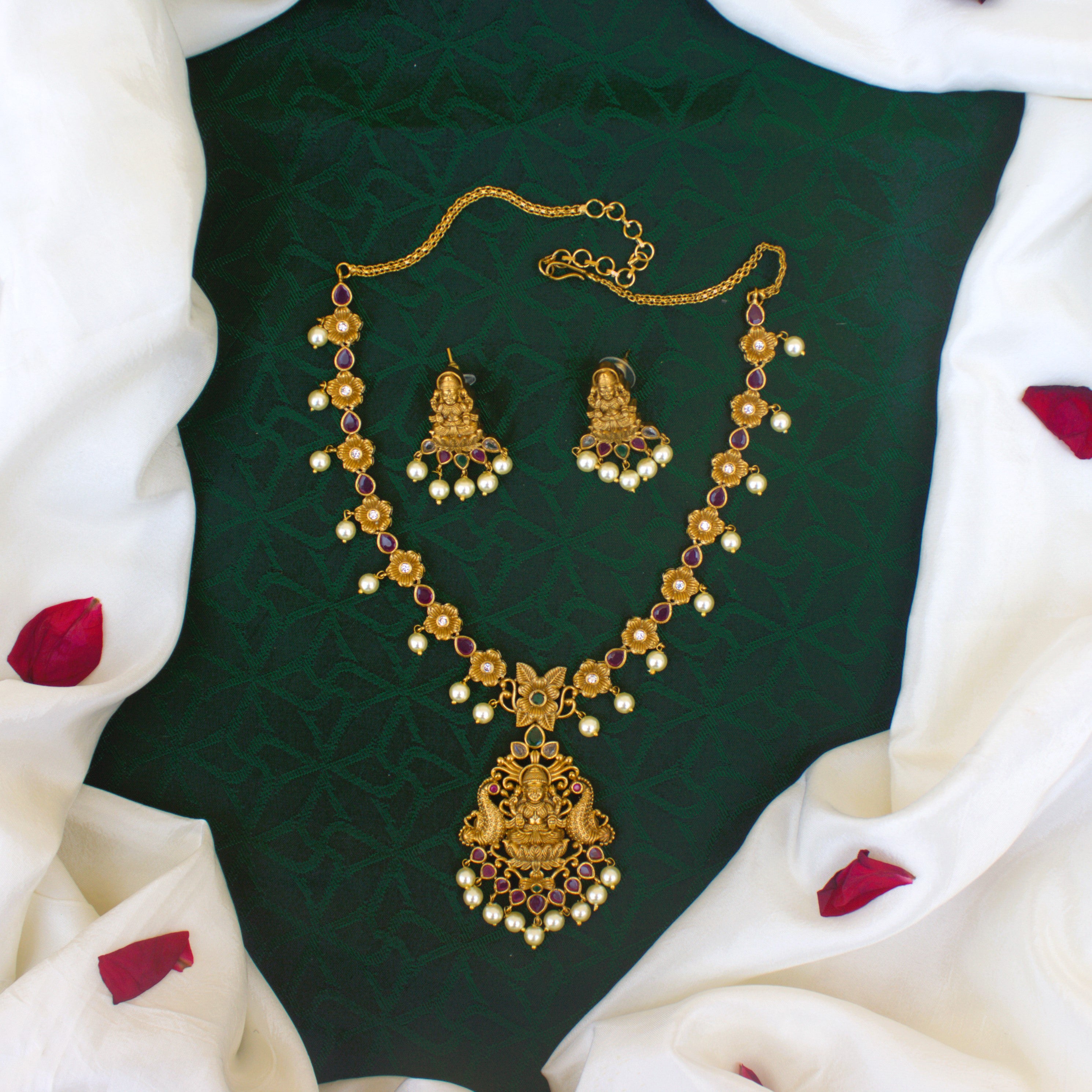 Antique Matte Light Weight AD Lakshmi Necklace Set