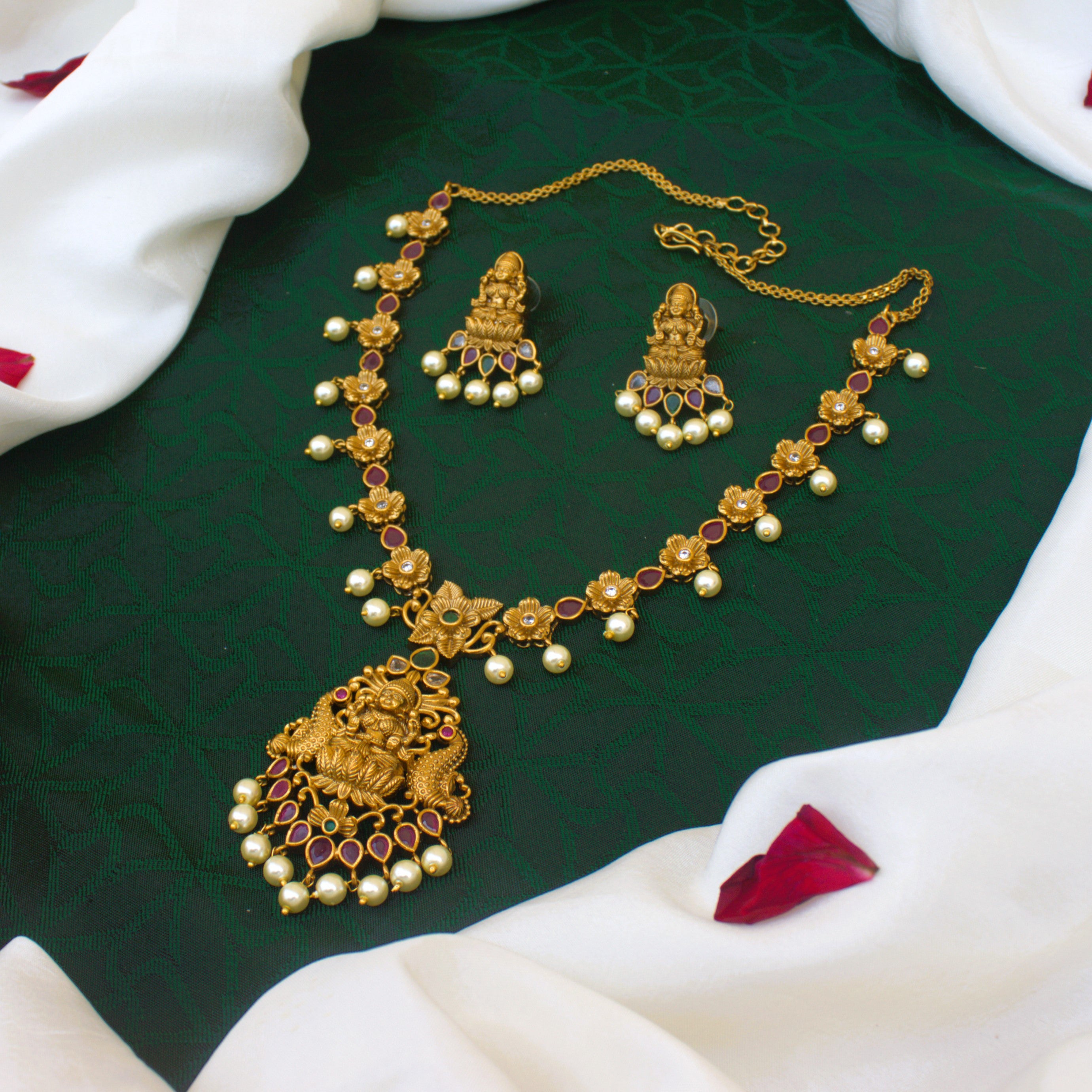 Antique Matte Light Weight AD Lakshmi Necklace Set