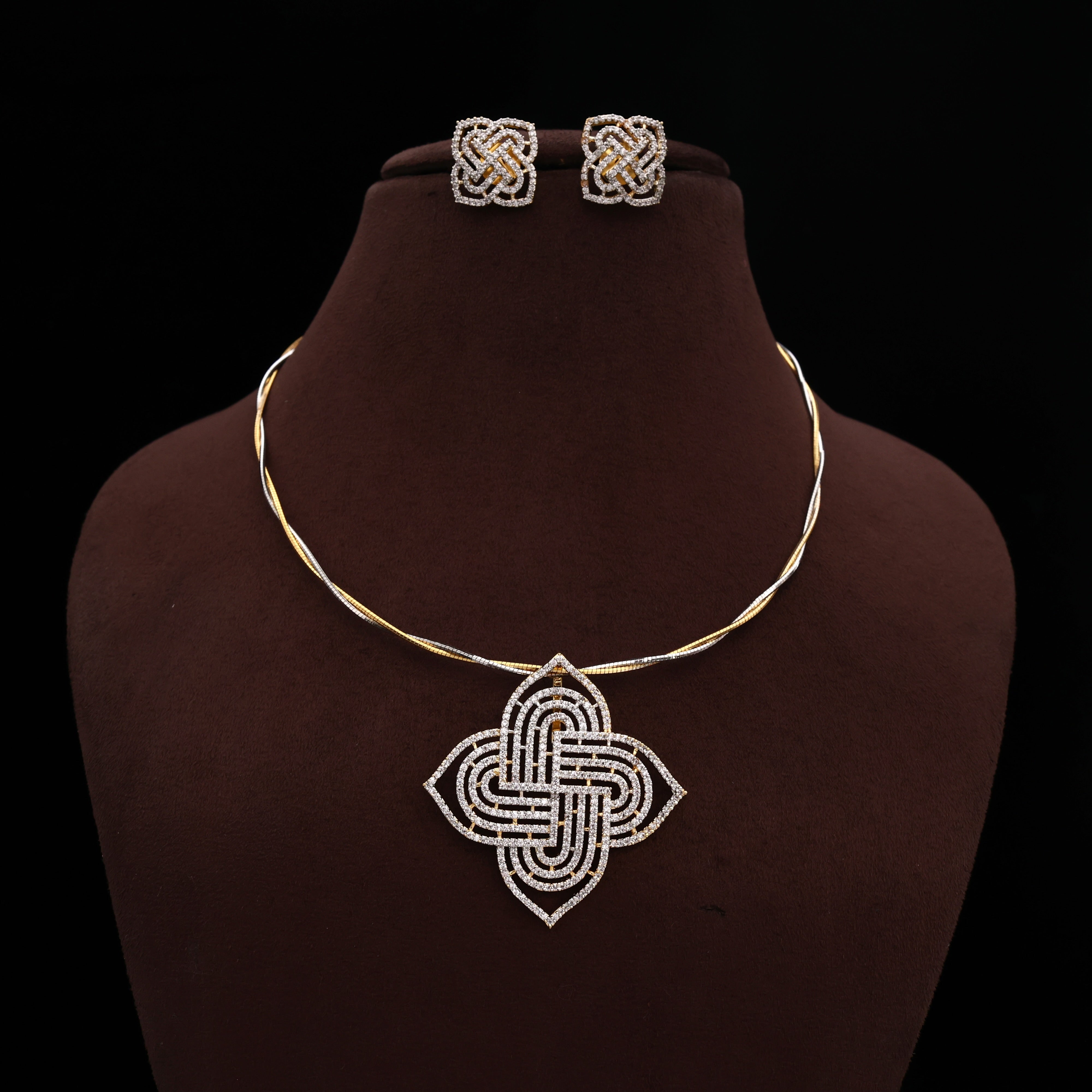 Diamond Look Premium Small Padi Kolam Pendant Two Tone Twisted Hasli Set