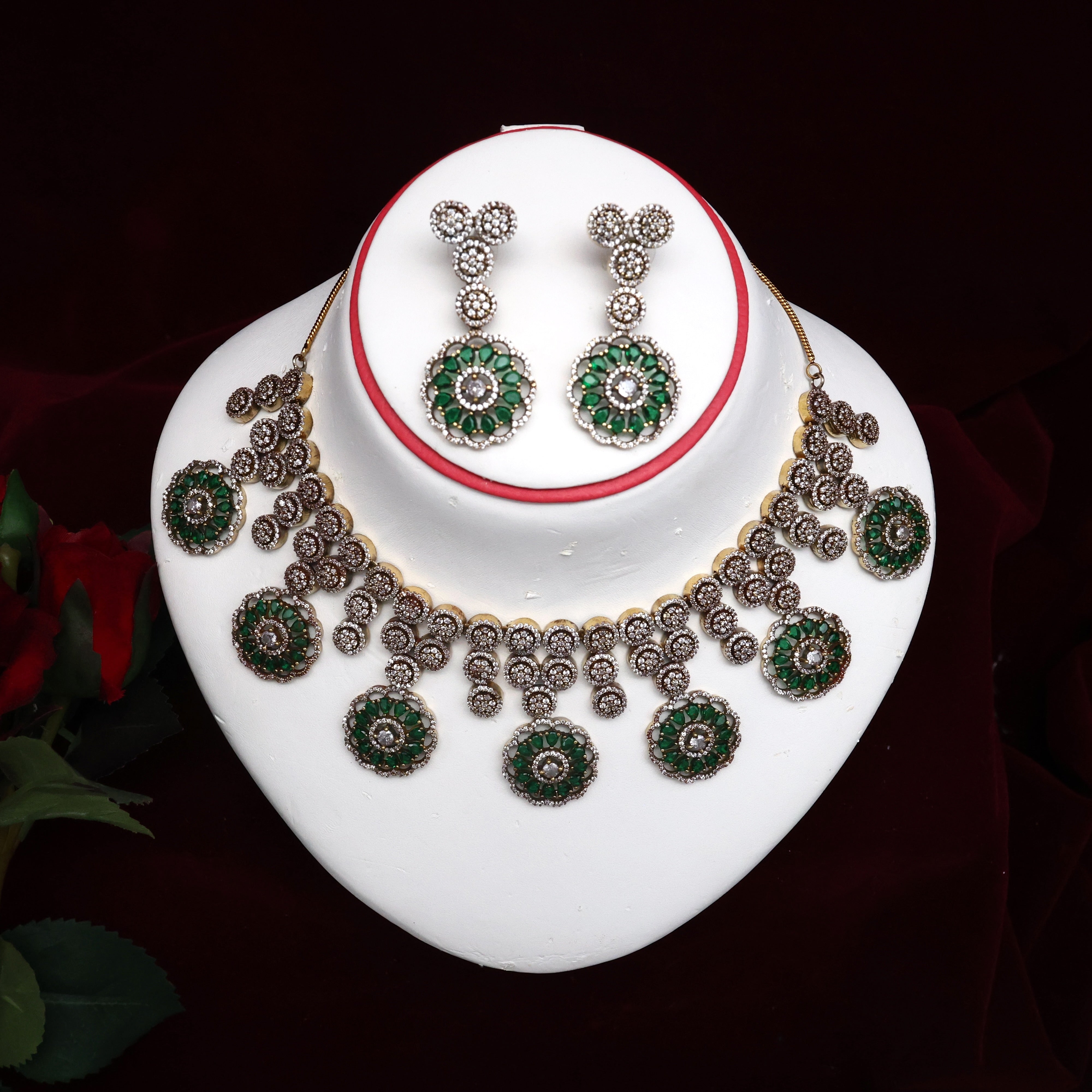 Diamond Look AD Flower Chakris Bridal Necklace Set - Emerald