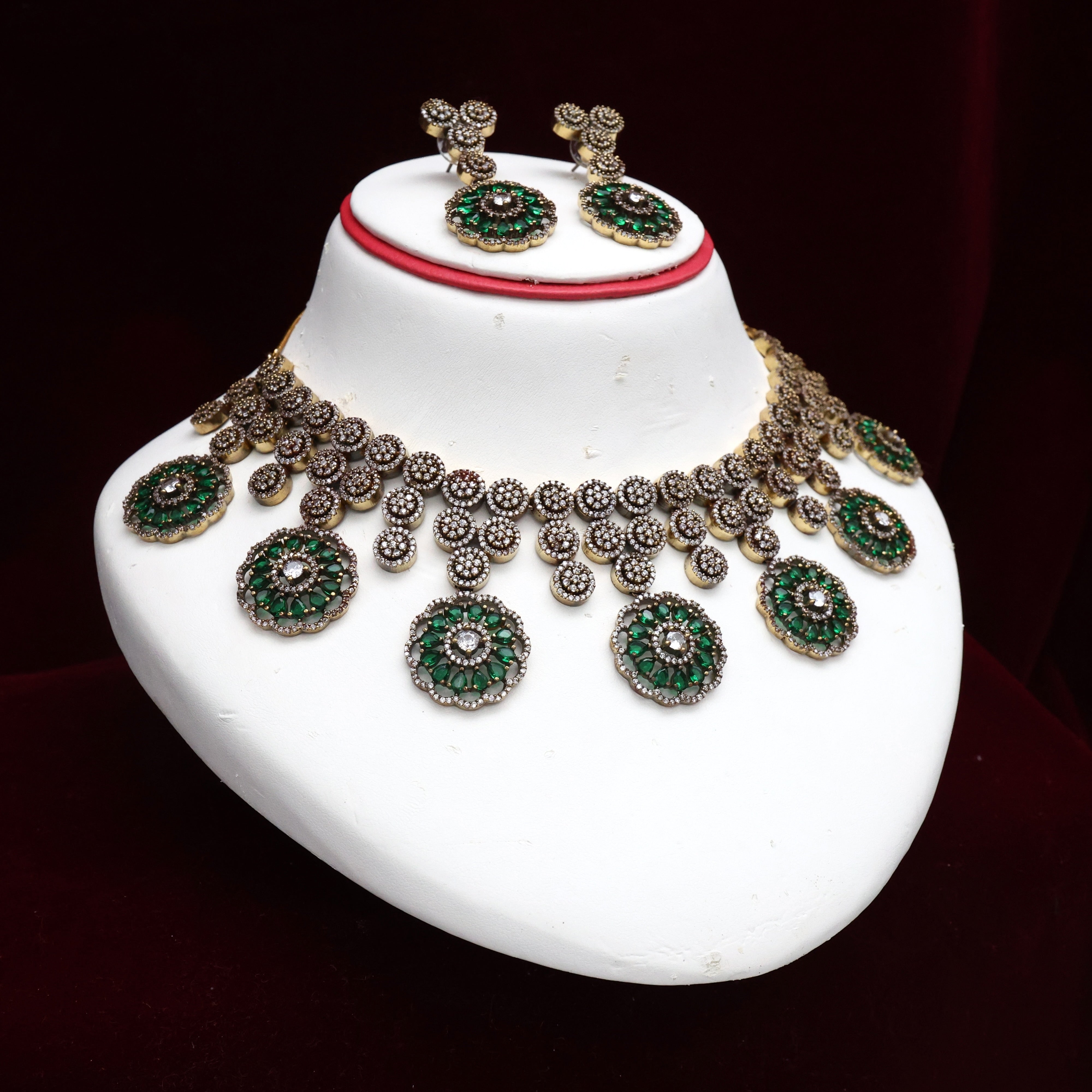 Diamond Look AD Flower Chakris Bridal Necklace Set - Emerald