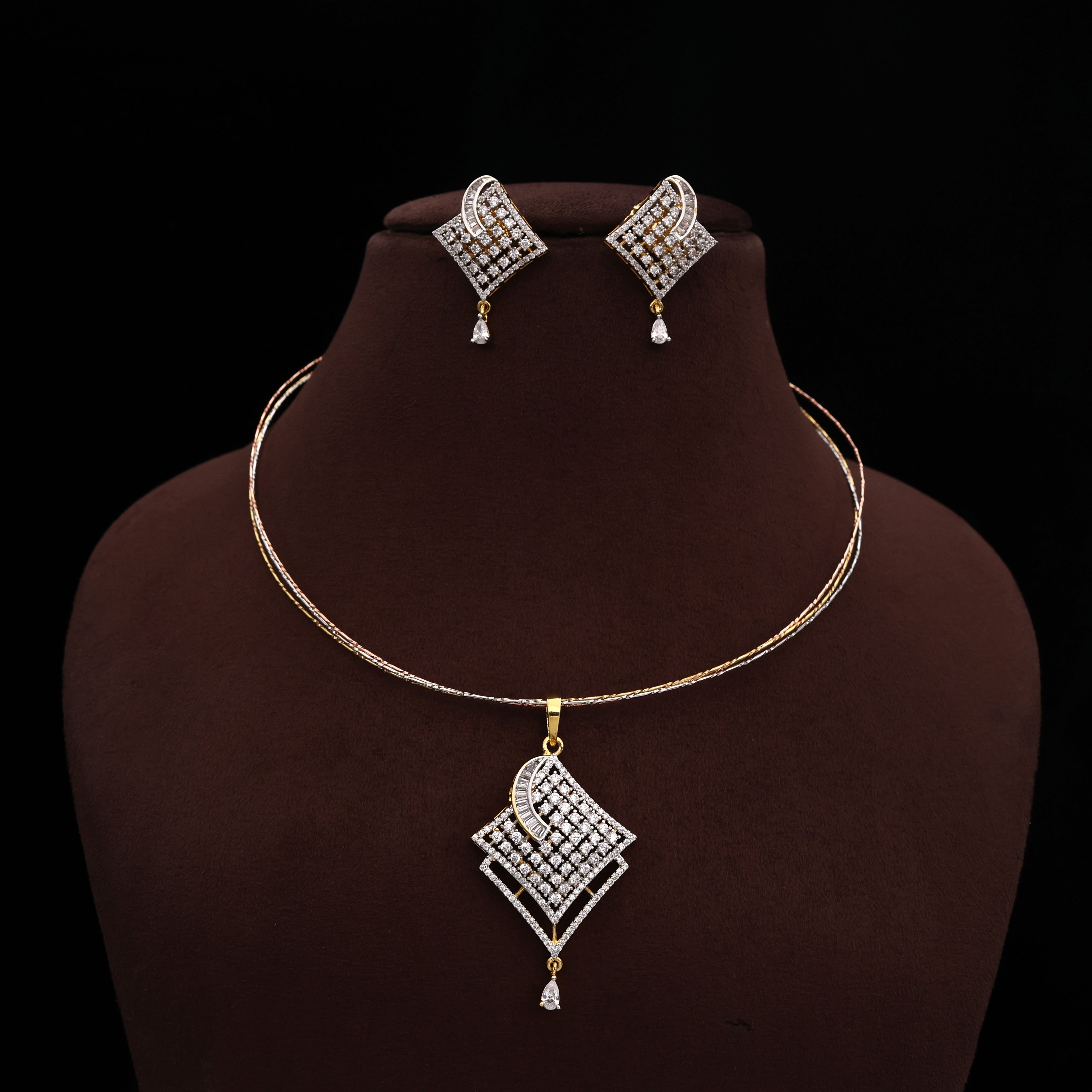 Diamond Look Premium Double Drop Pendant 3 Tone Hasli Set