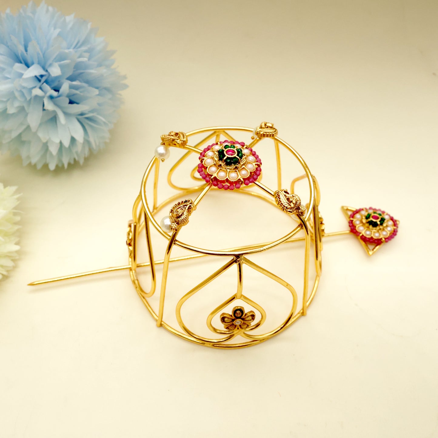 Jadau Kundan Hair Bun Holder With Juda Stick - Hair Bun Accessory - HB002