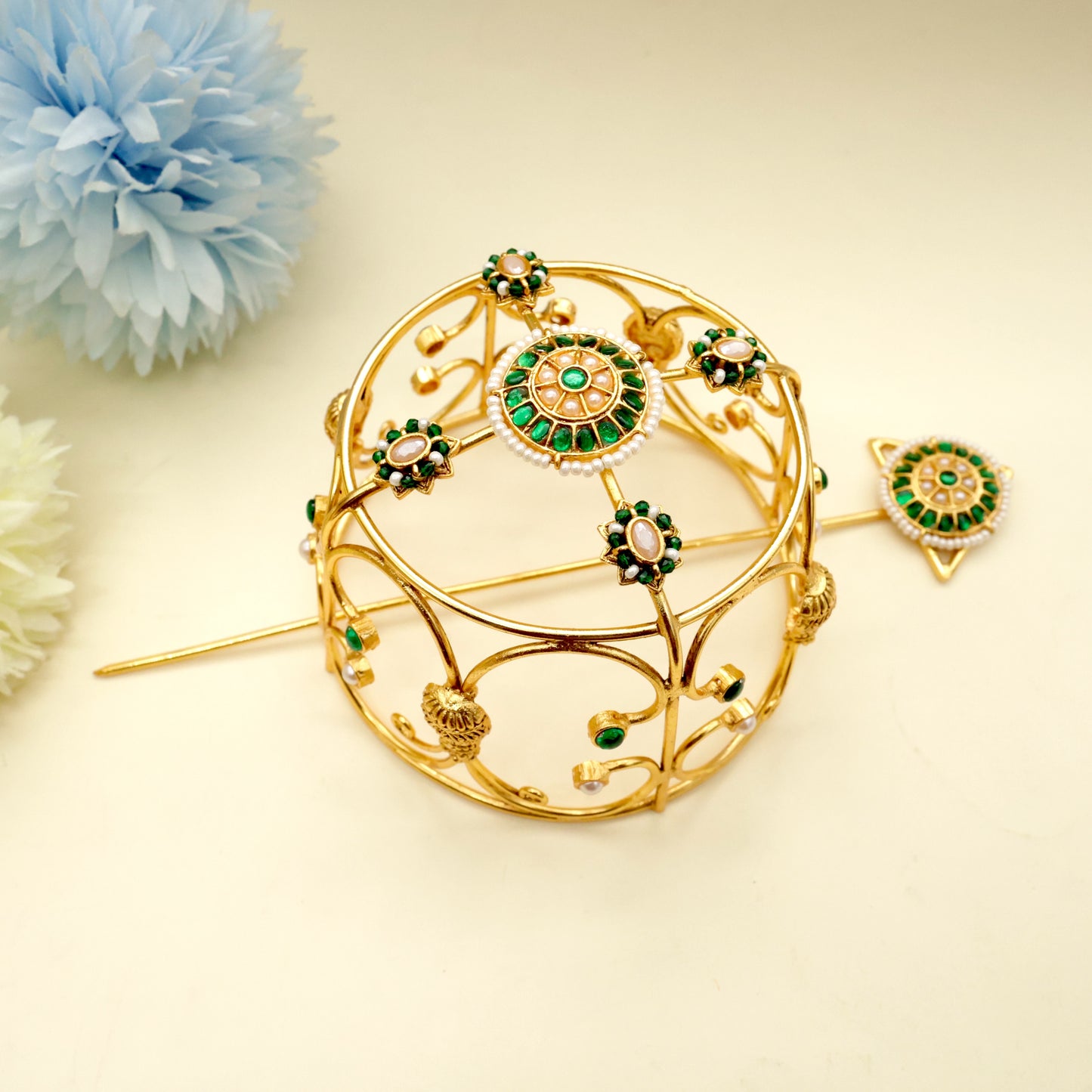 Jadau Kundan Hair Bun Holder With Juda Stick - Hair BunAccessory - HB001